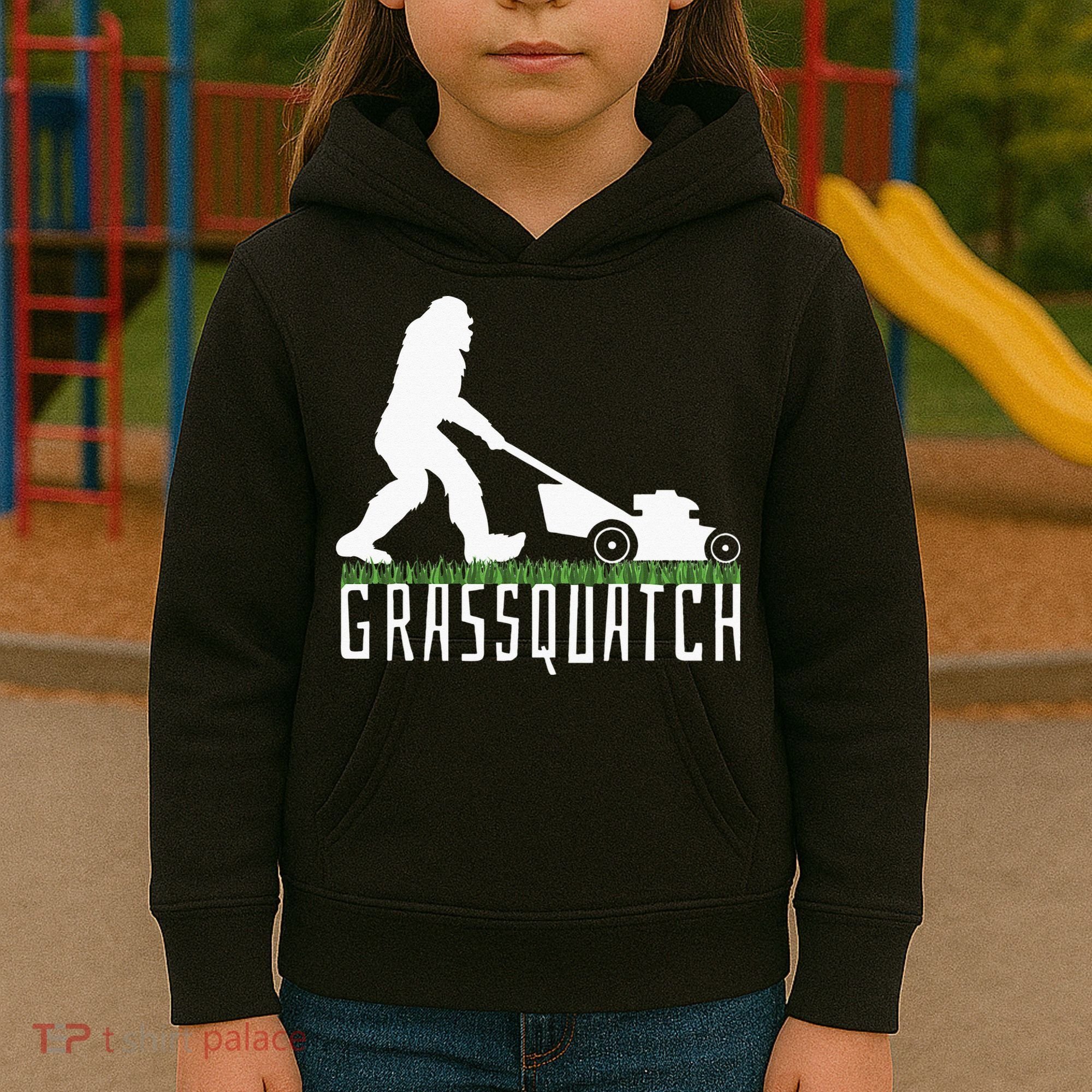Funny Lawn Mowing Grassquatch Bigfoot Lawn Mower Kids Hoodie