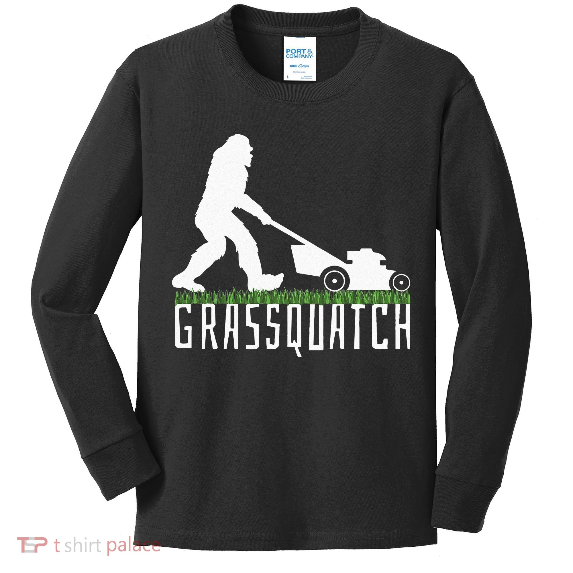 Funny Lawn Mowing Grassquatch Bigfoot Lawn Mower Kids Long Sleeve Shirt