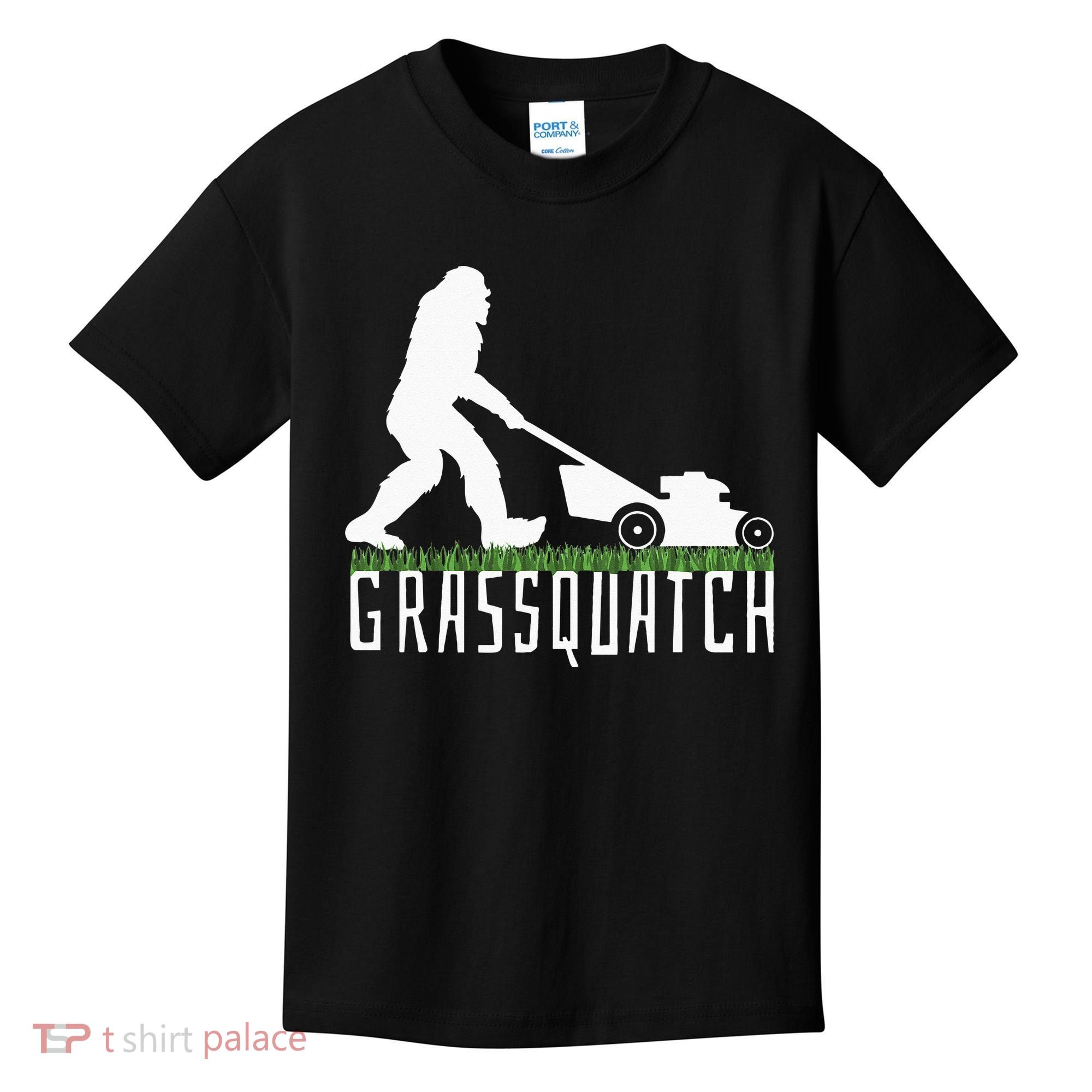 Funny Lawn Mowing Grassquatch Bigfoot Lawn Mower Kids T-Shirt