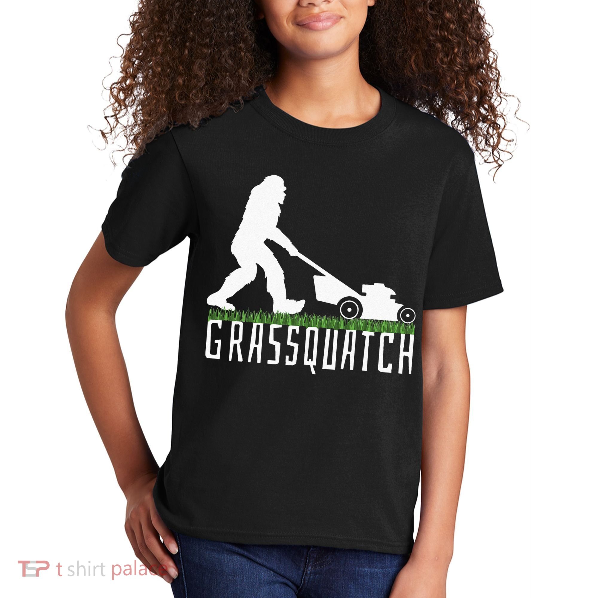 Funny Lawn Mowing Grassquatch Bigfoot Lawn Mower Kids T-Shirt