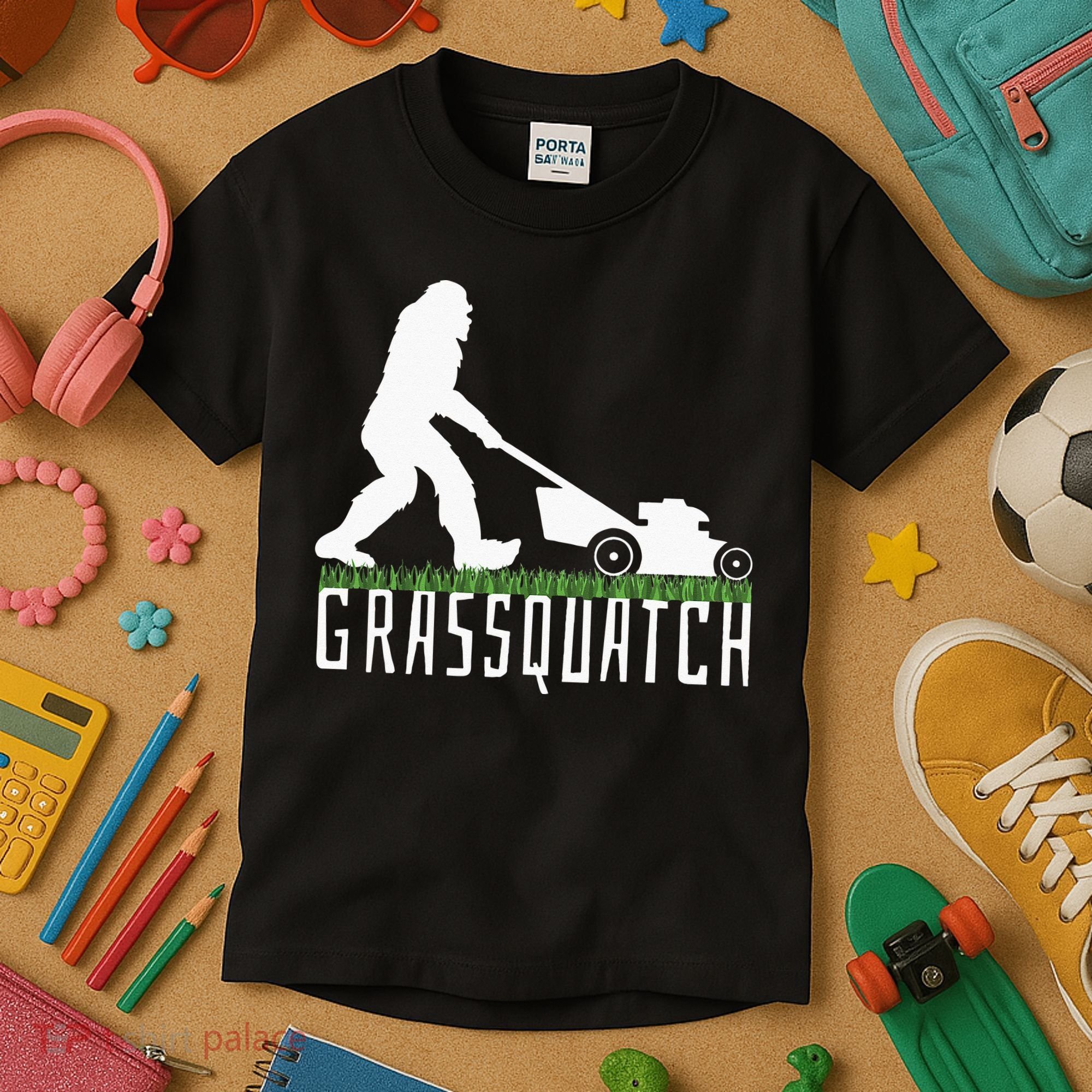 Funny Lawn Mowing Grassquatch Bigfoot Lawn Mower Kids T-Shirt