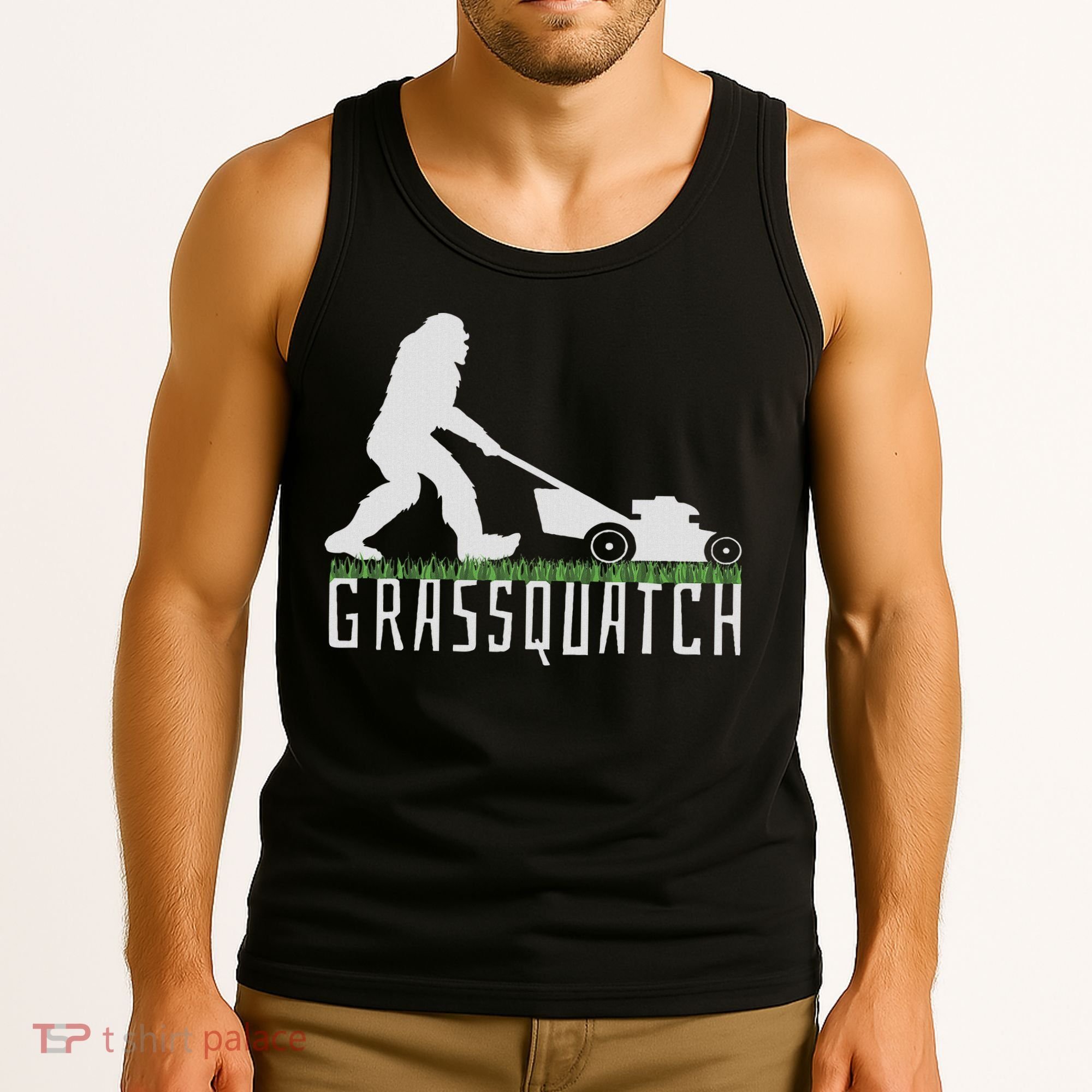 Funny Lawn Mowing Sasquatch Grassquatch Bigfoot Lawn Mower Tank Top