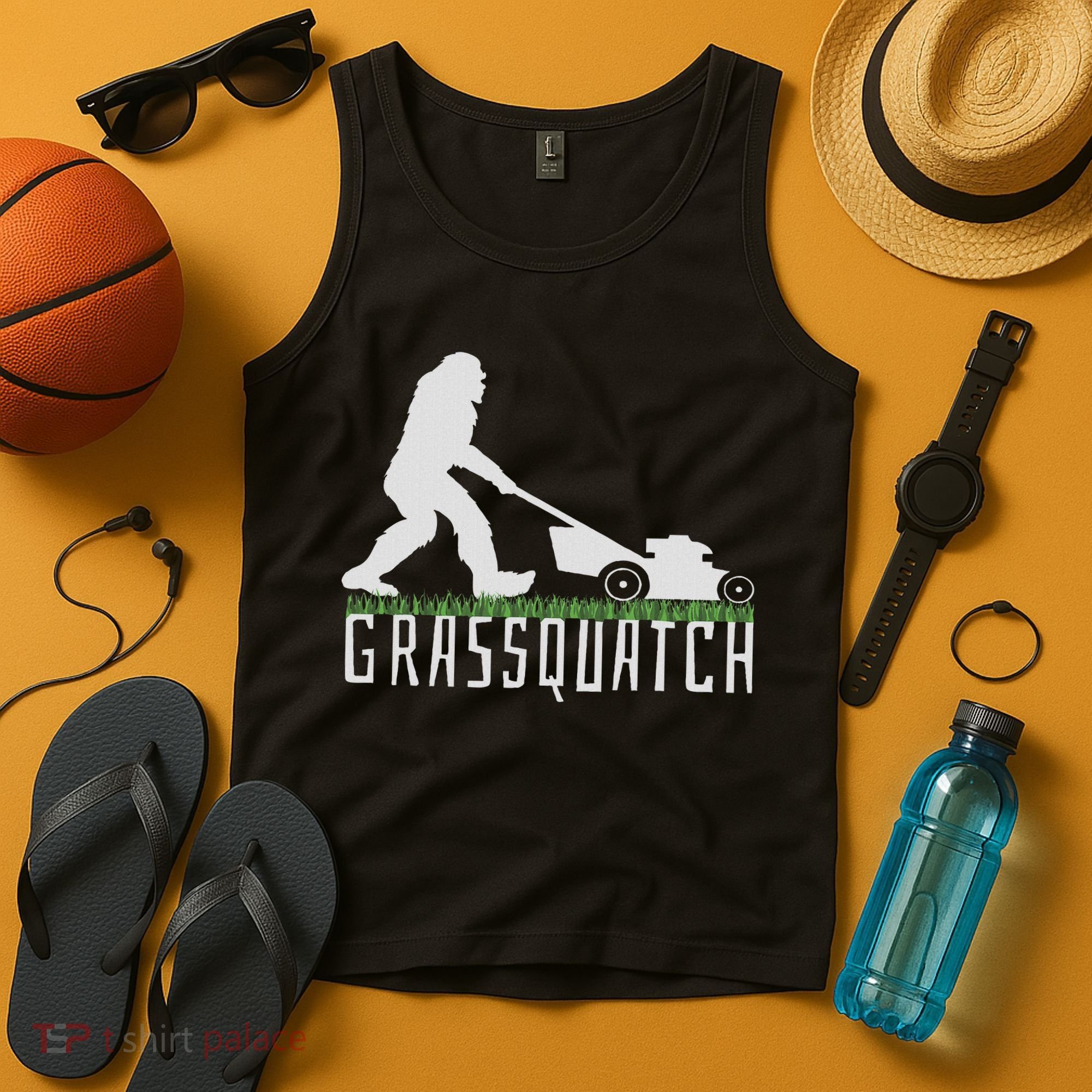 Funny Lawn Mowing Sasquatch Grassquatch Bigfoot Lawn Mower Tank Top
