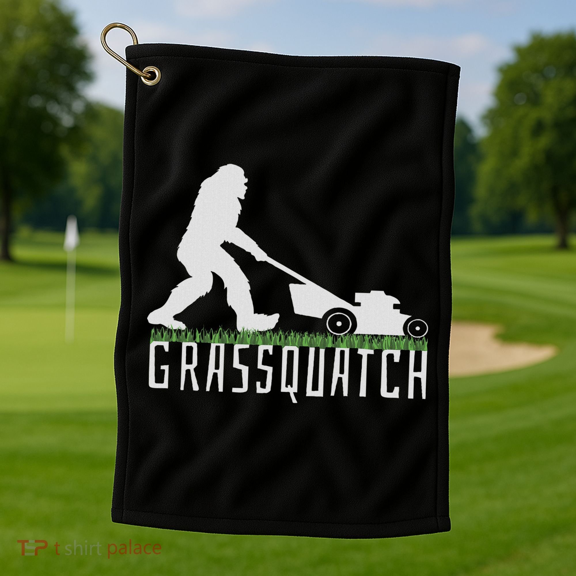 Funny Lawn Mowing Sasquatch Grassquatch Bigfoot Lawn Mower Golf Towel