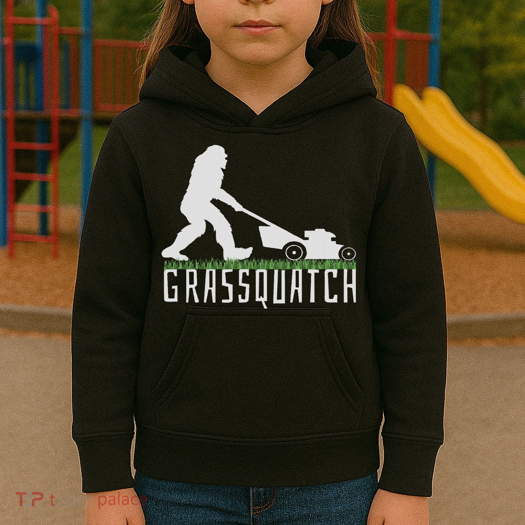 Funny Lawn Mowing Sasquatch Grassquatch Bigfoot Lawn Mower Kids Hoodie