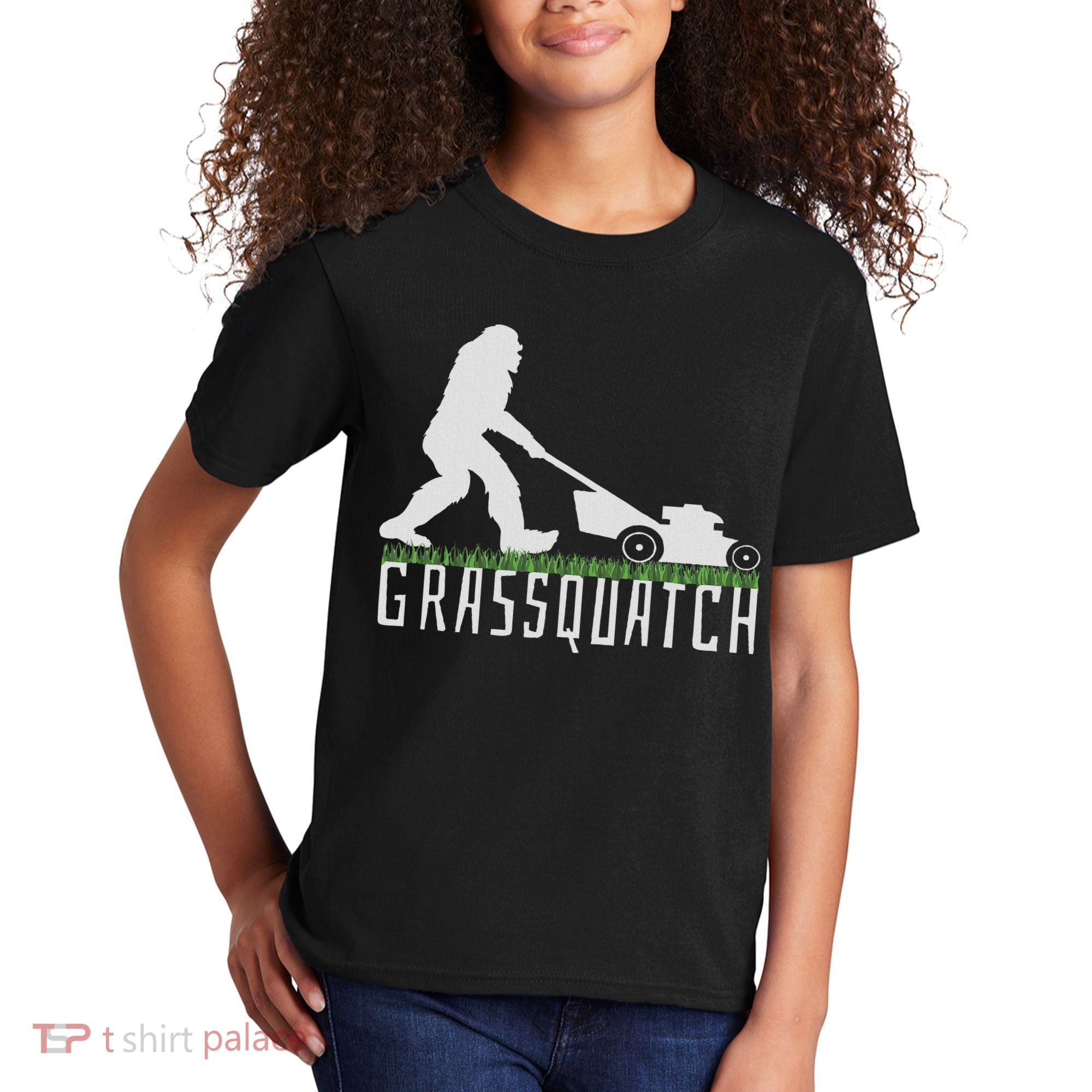 Funny Lawn Mowing Sasquatch Grassquatch Bigfoot Lawn Mower Kids T-Shirt