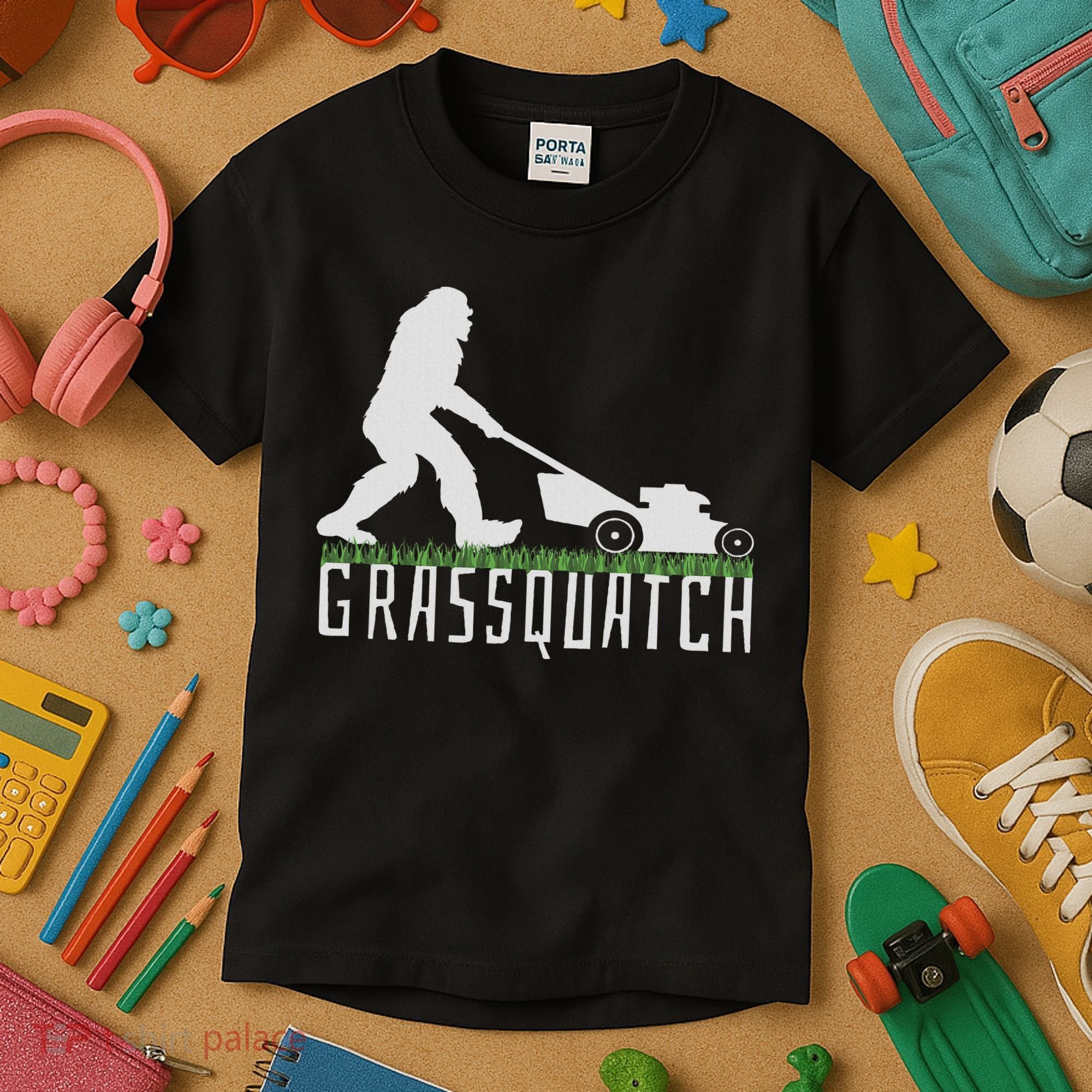 Funny Lawn Mowing Sasquatch Grassquatch Bigfoot Lawn Mower Kids T-Shirt