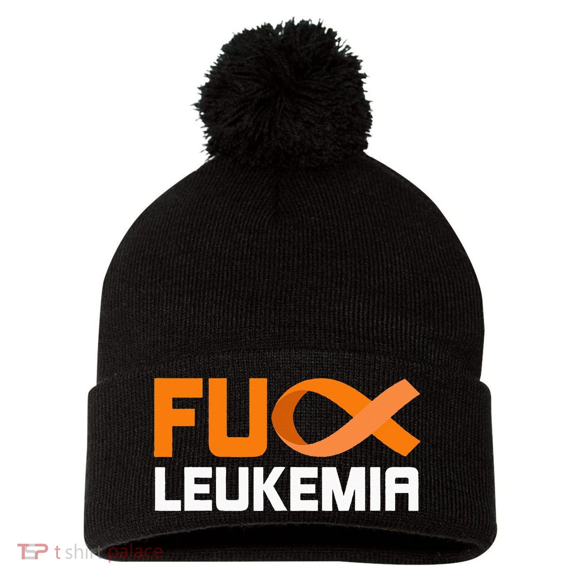 Fuck Leukemia Orange Ribbon Awareness Cancer Survivor Pom Pom 12in Knit Beanie
