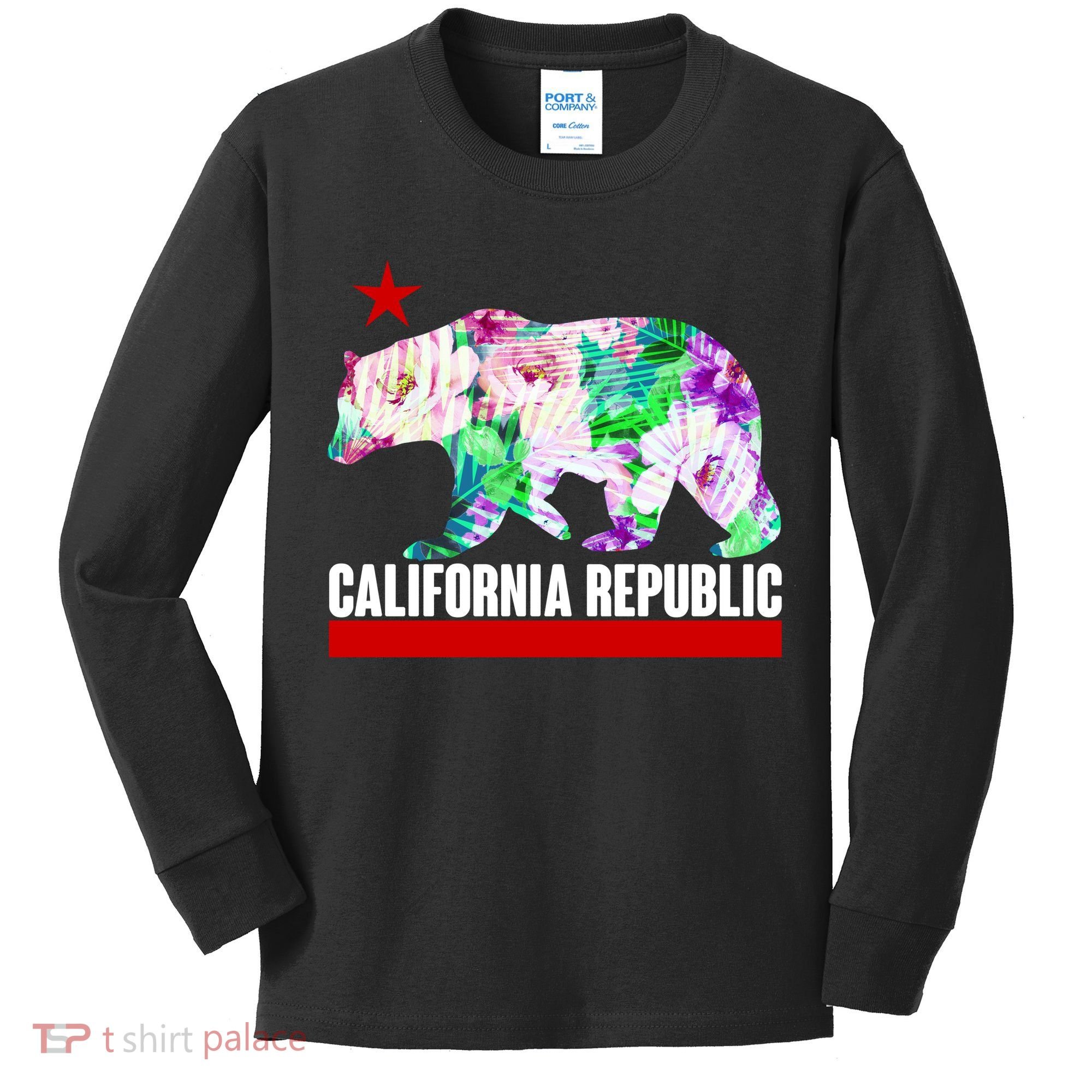 Floral California Republic Bear Tropical Bear Kids Long Sleeve Shirt