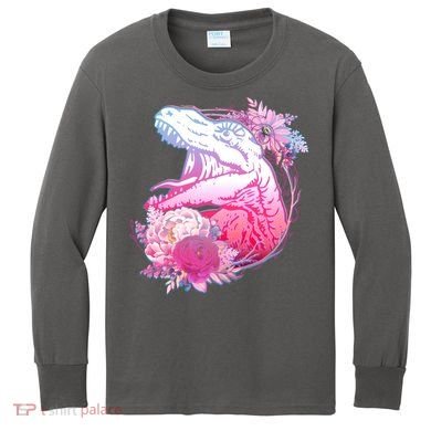 Floral T-Rex Kids Long Sleeve Shirt