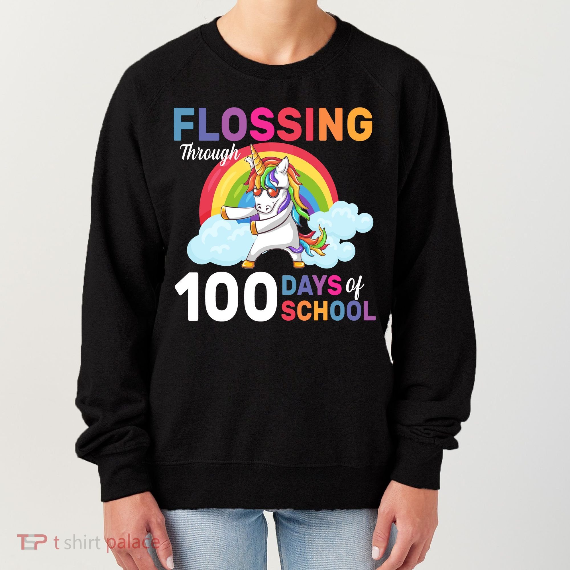 Flossing Unicorn Through 100 days Of School Women's Sweatshirt