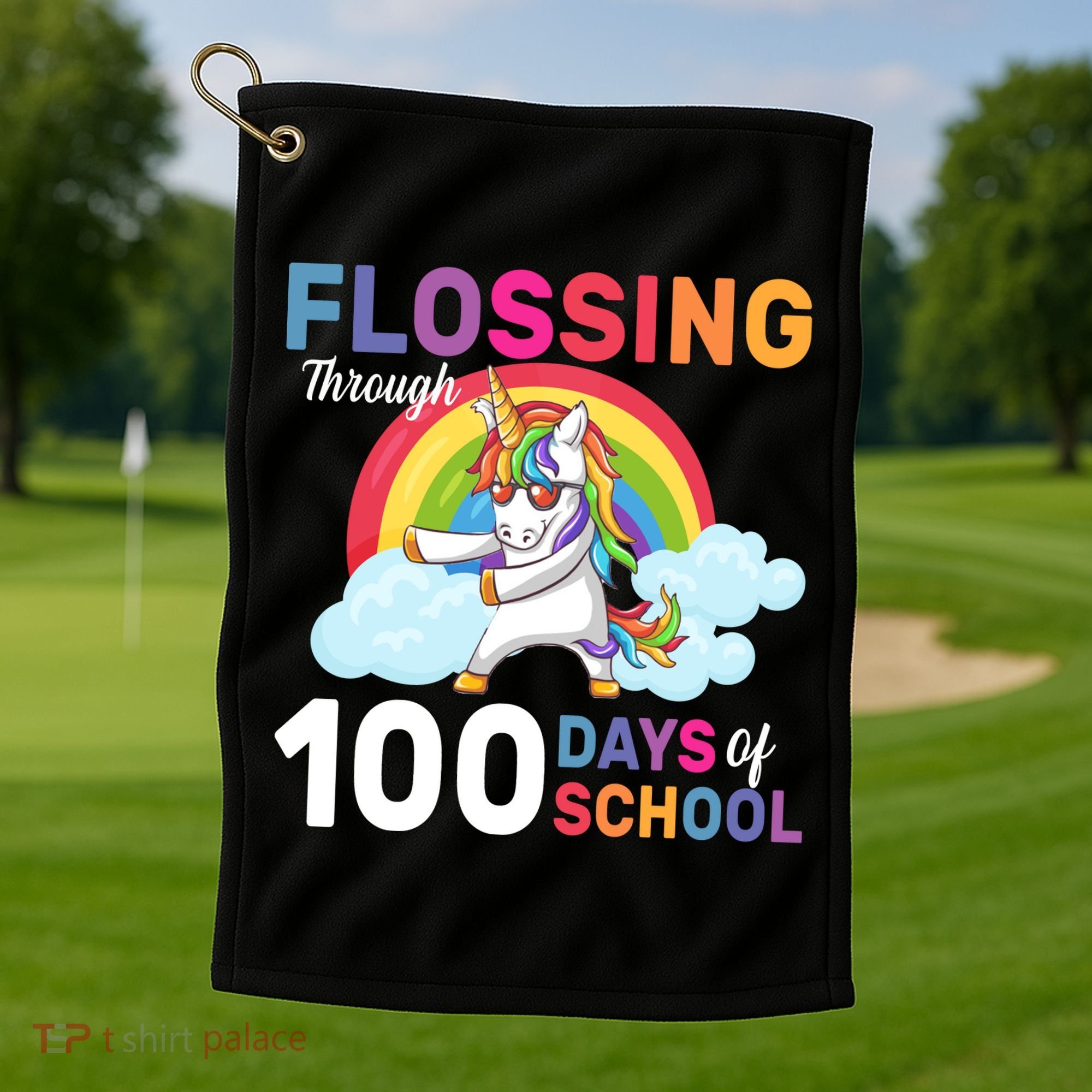 Flossing Unicorn Through 100 days Of School Golf Towel