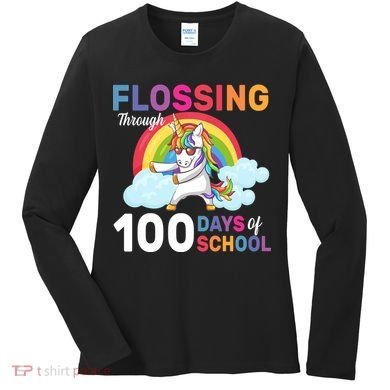Flossing Unicorn Through 100 days Of School Women's Long Sleeve Shirt