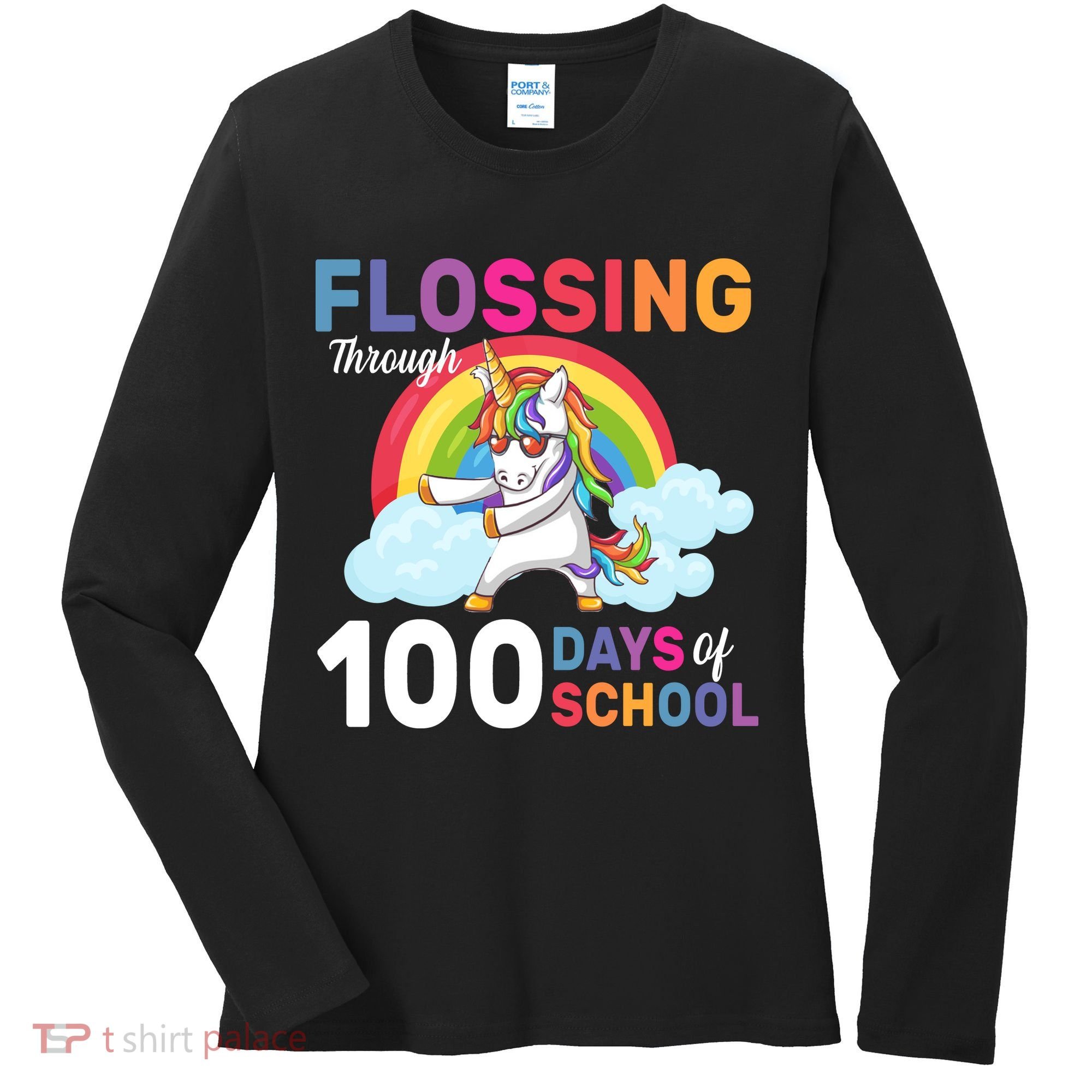 Flossing Unicorn Through 100 days Of School Women's Long Sleeve Shirt