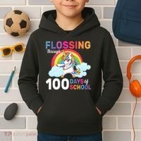 Flossing Unicorn Through 100 days Of School Kids Hoodie thumb 2