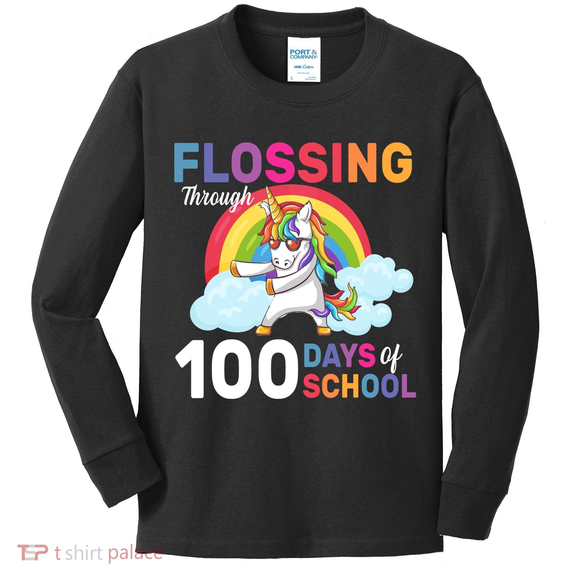 Flossing Unicorn Through 100 days Of School Kids Long Sleeve Shirt
