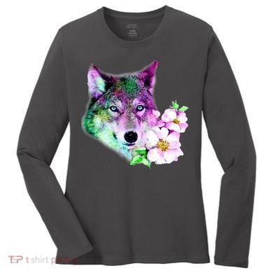 Flower Colorful Wilderness Wolf Women's Long Sleeve Shirt