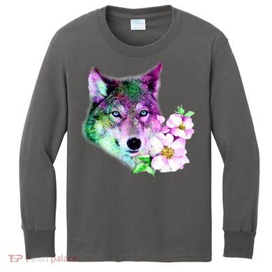 Flower Colorful Wilderness Wolf Kids Long Sleeve Shirt