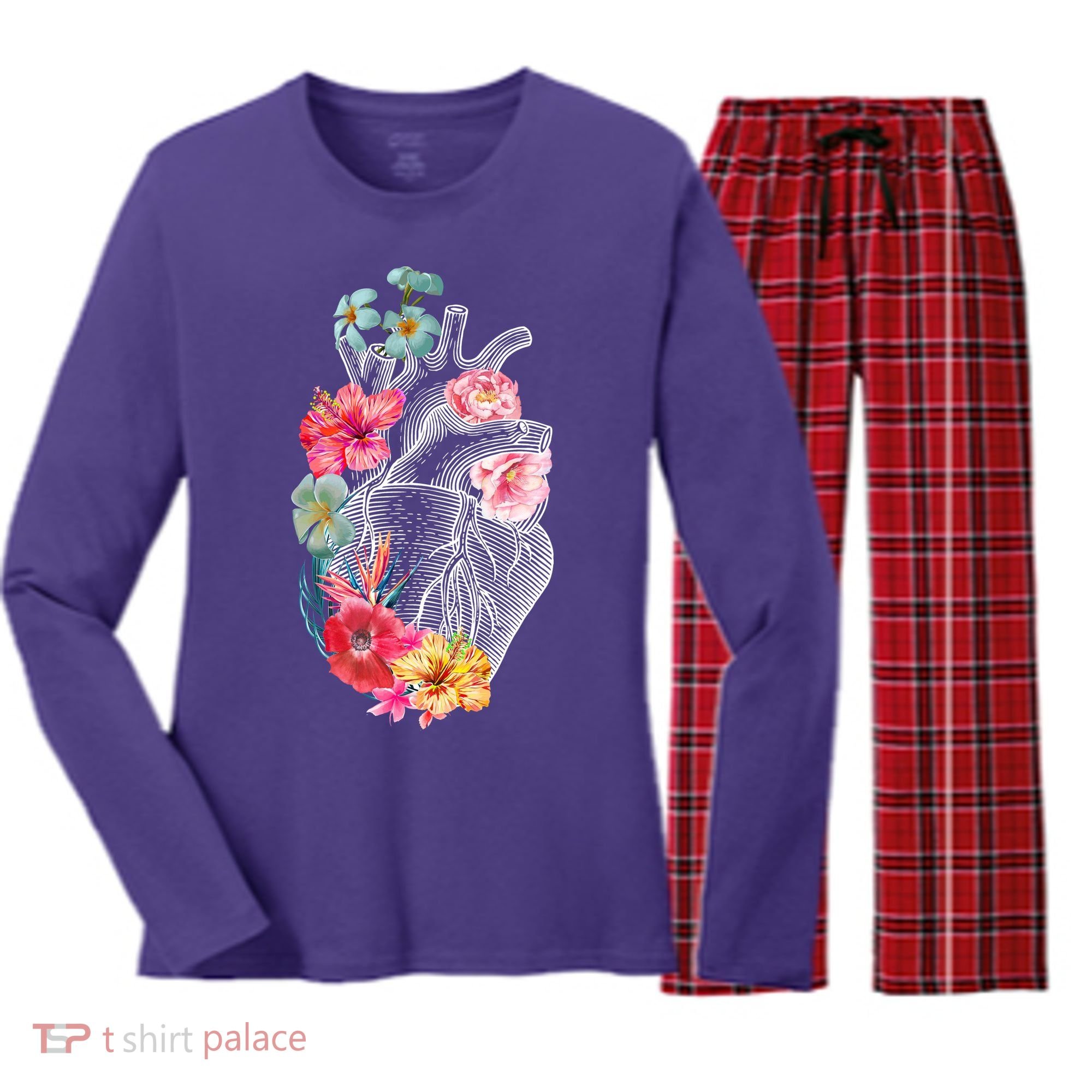 Flower Heart Floral Women's Long Sleeve Flannel Pajama Set 