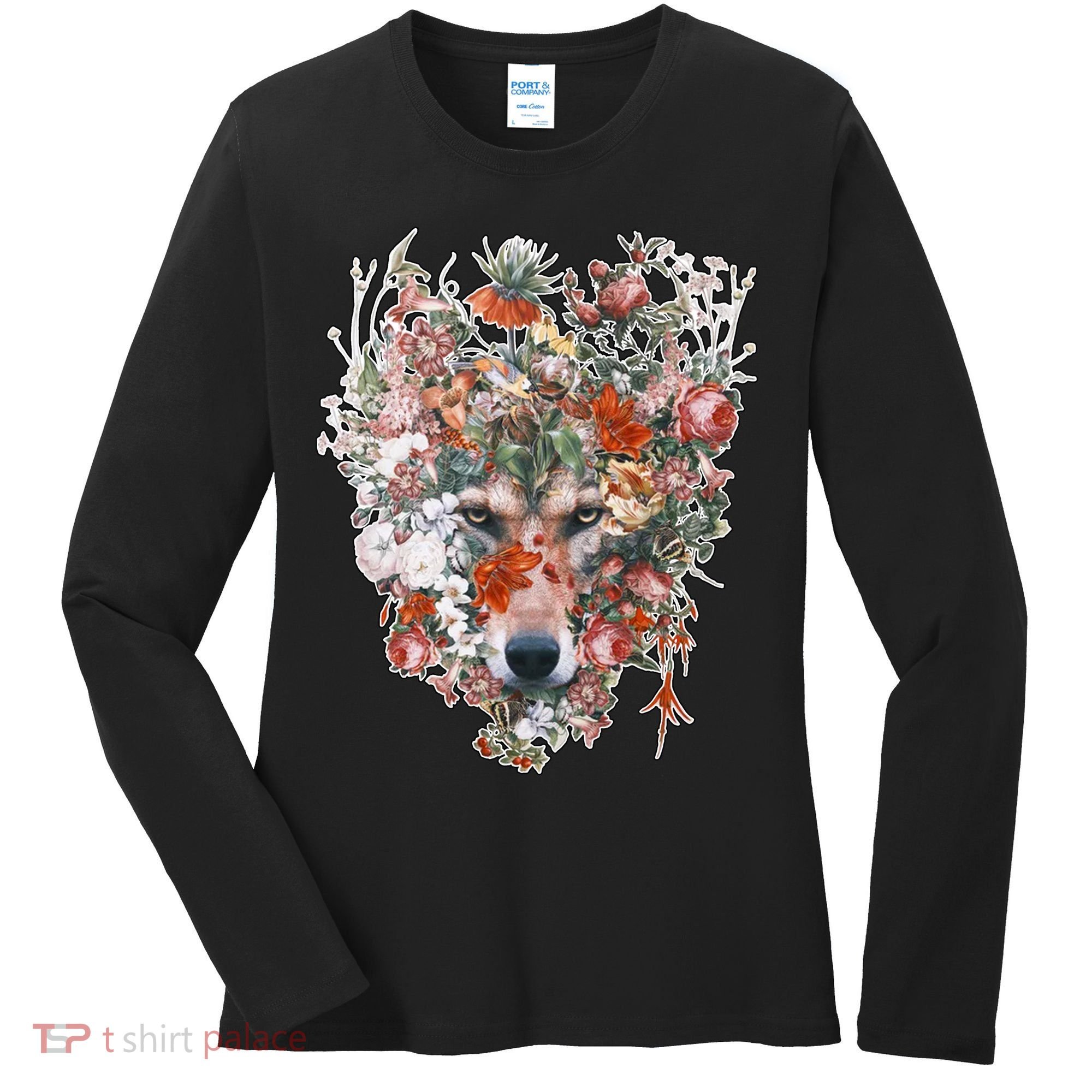 Flower Wolf Wilderness Floral Women's Long Sleeve Shirt