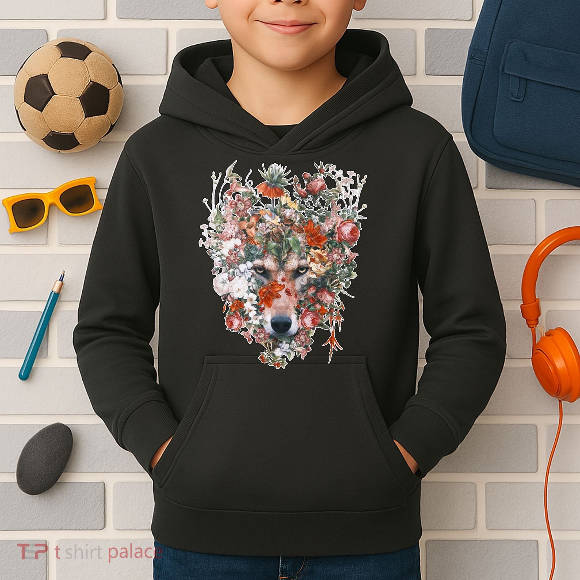 Flower Wolf Wilderness Floral Kids Hoodie