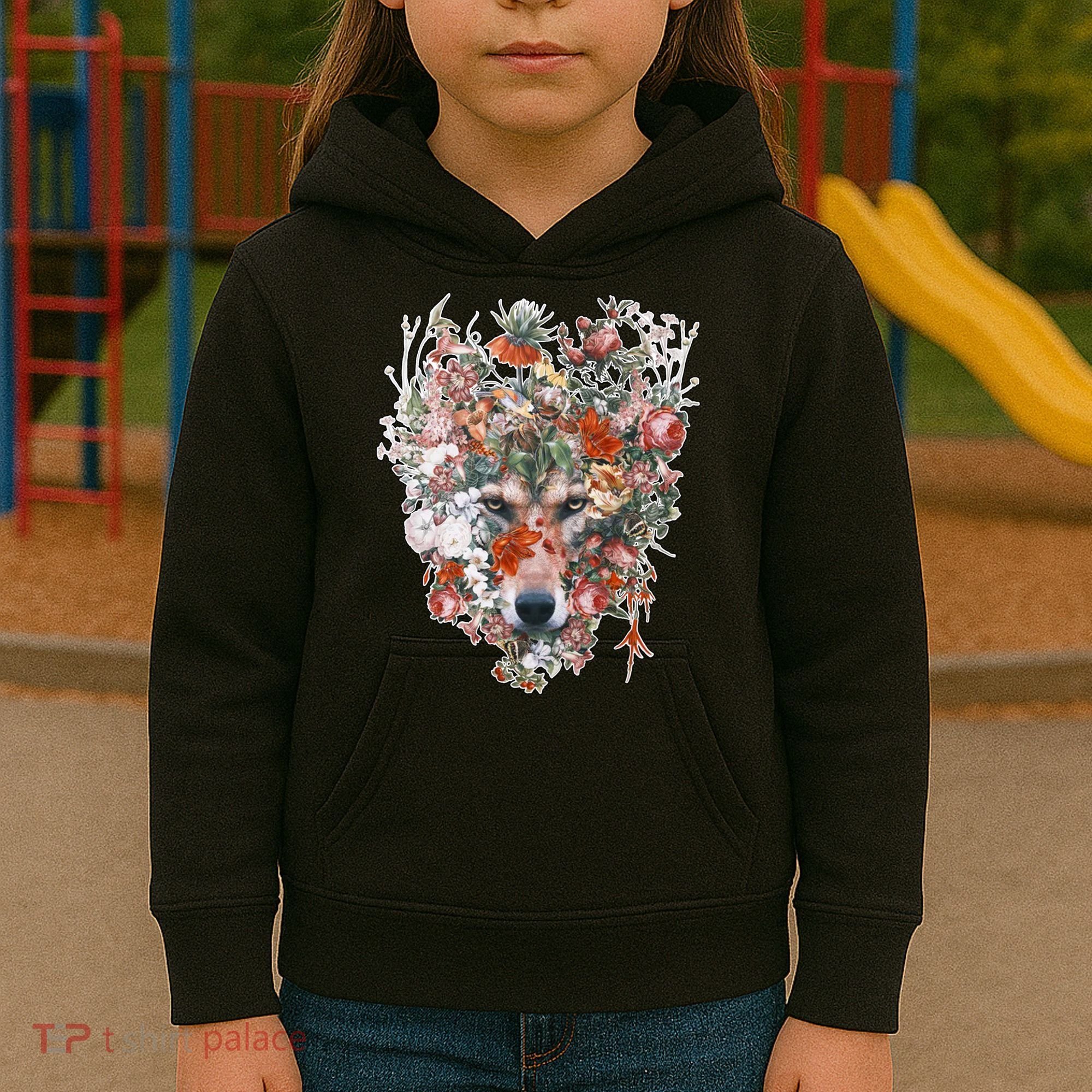 Flower Wolf Wilderness Floral Kids Hoodie