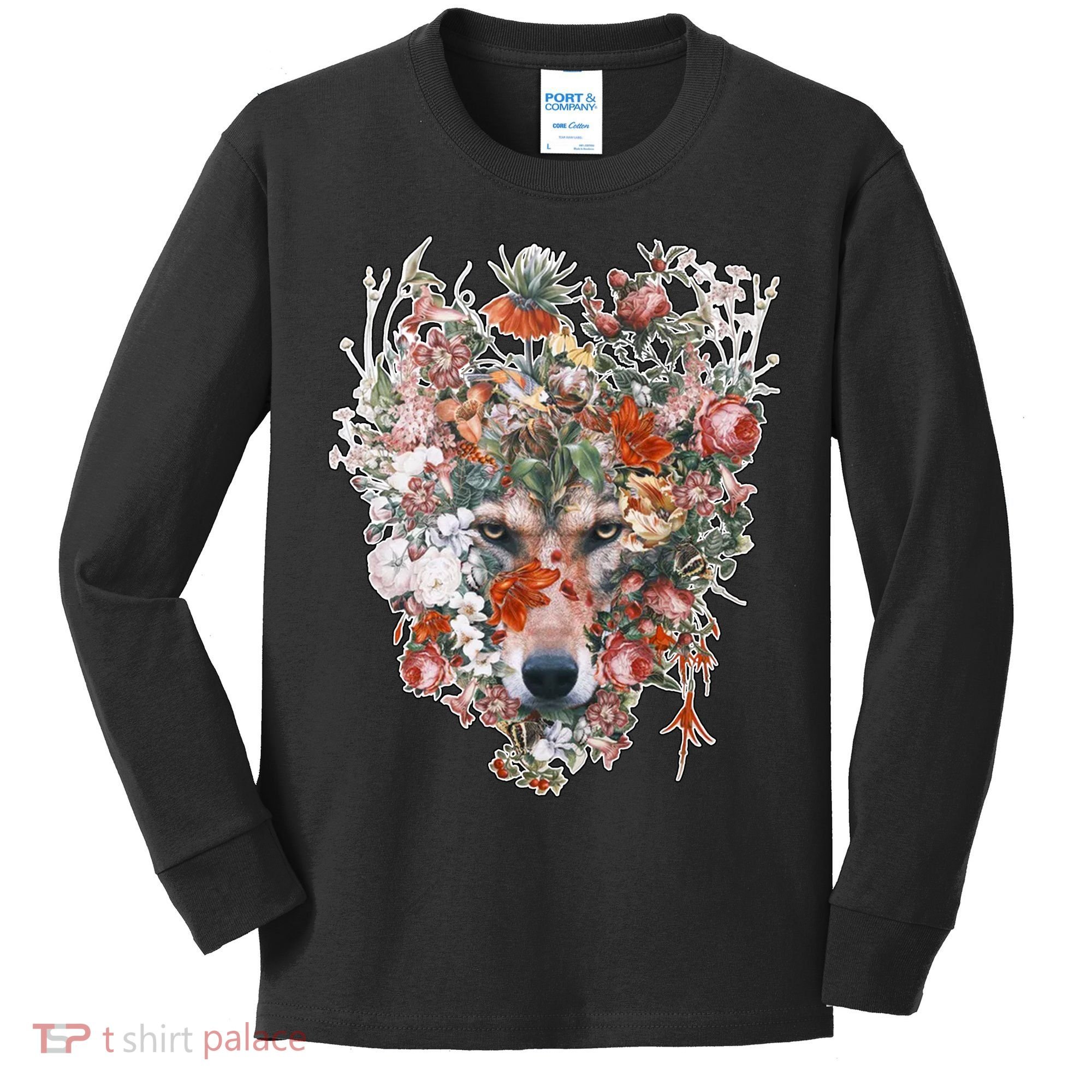 Flower Wolf Wilderness Floral Kids Long Sleeve Shirt