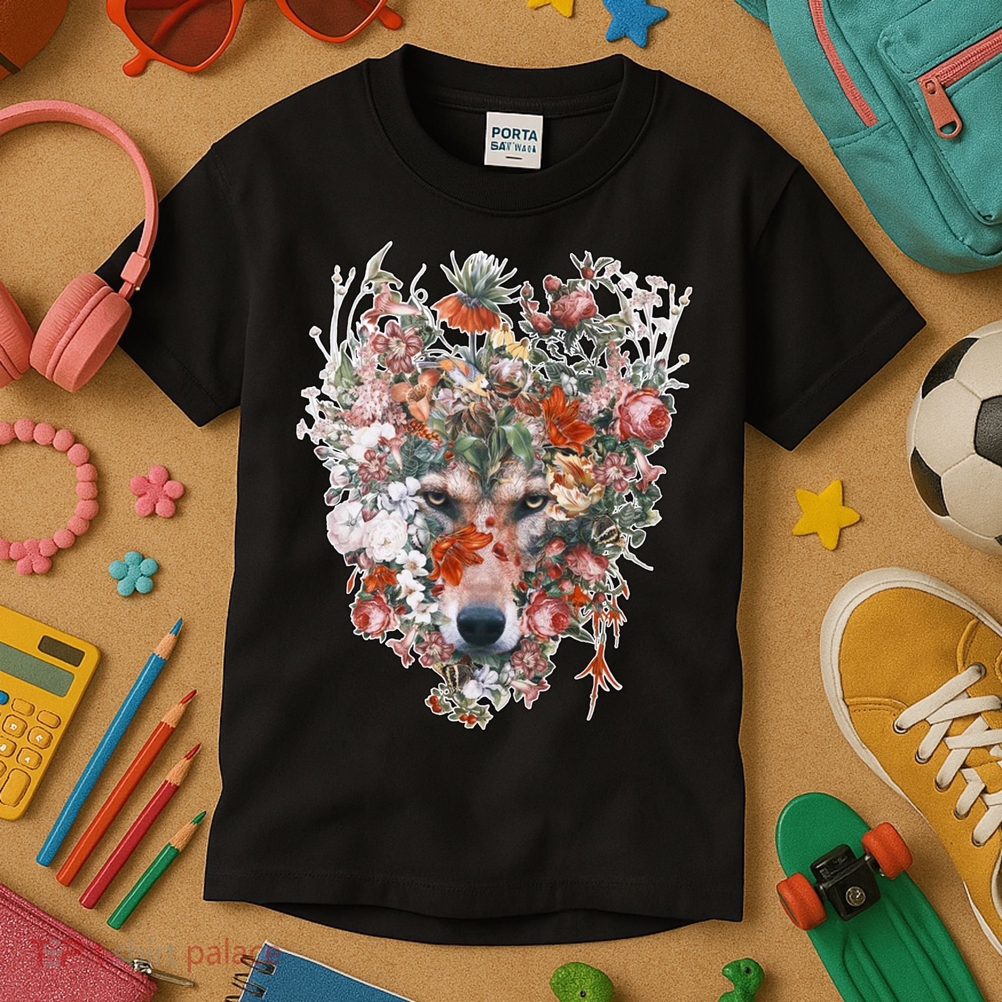 Flower Wolf Wilderness Floral Kids T-Shirt