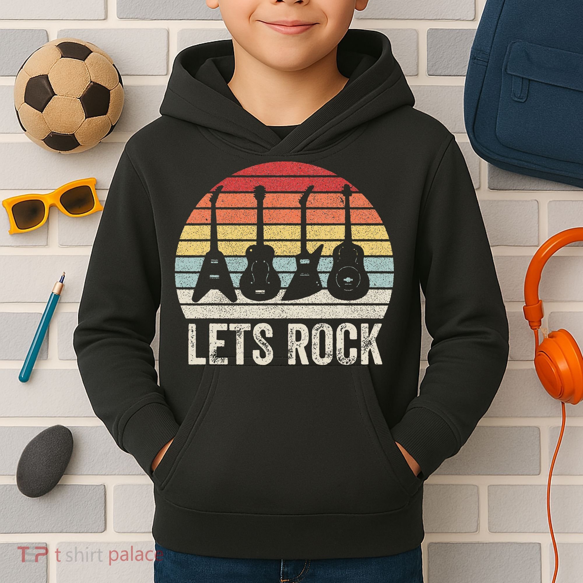Funny Lets Rock Rock n Roll Guitar Retro Kids Hoodie
