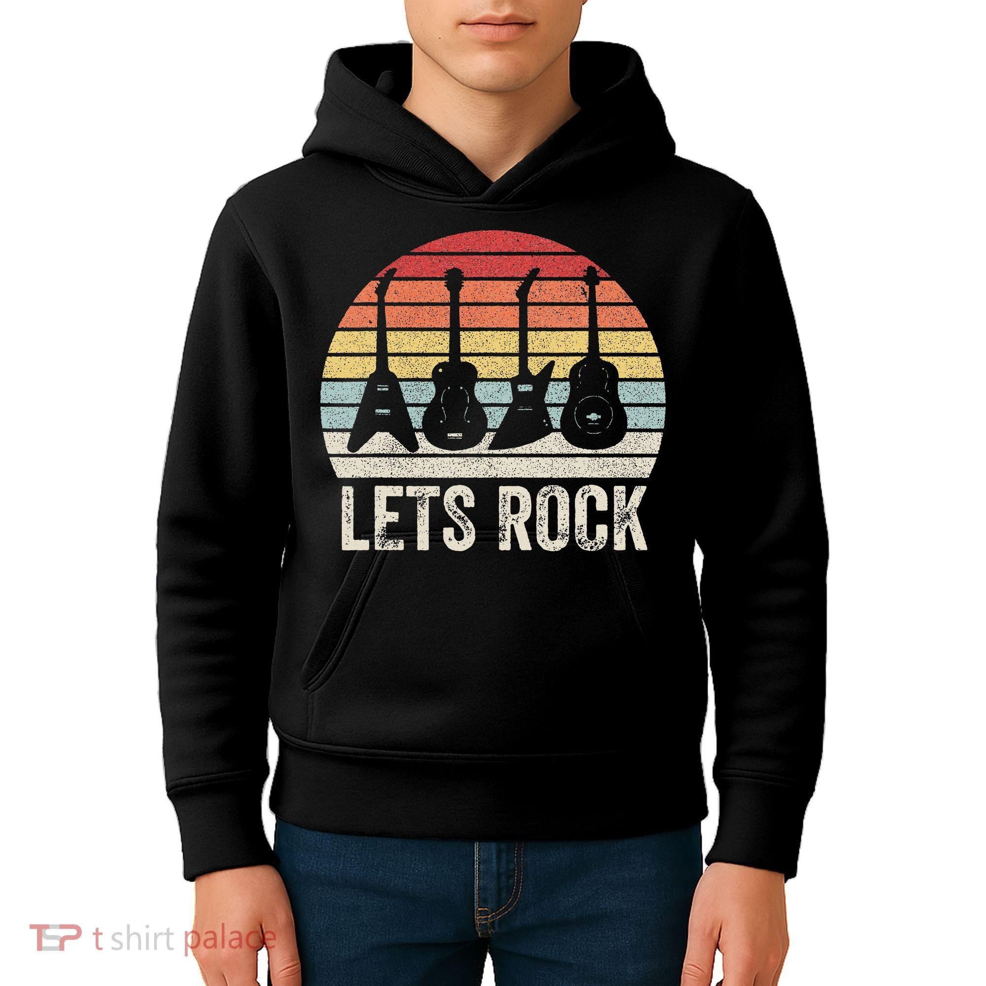 Funny Lets Rock Rock n Roll Guitar Retro Kids Hoodie