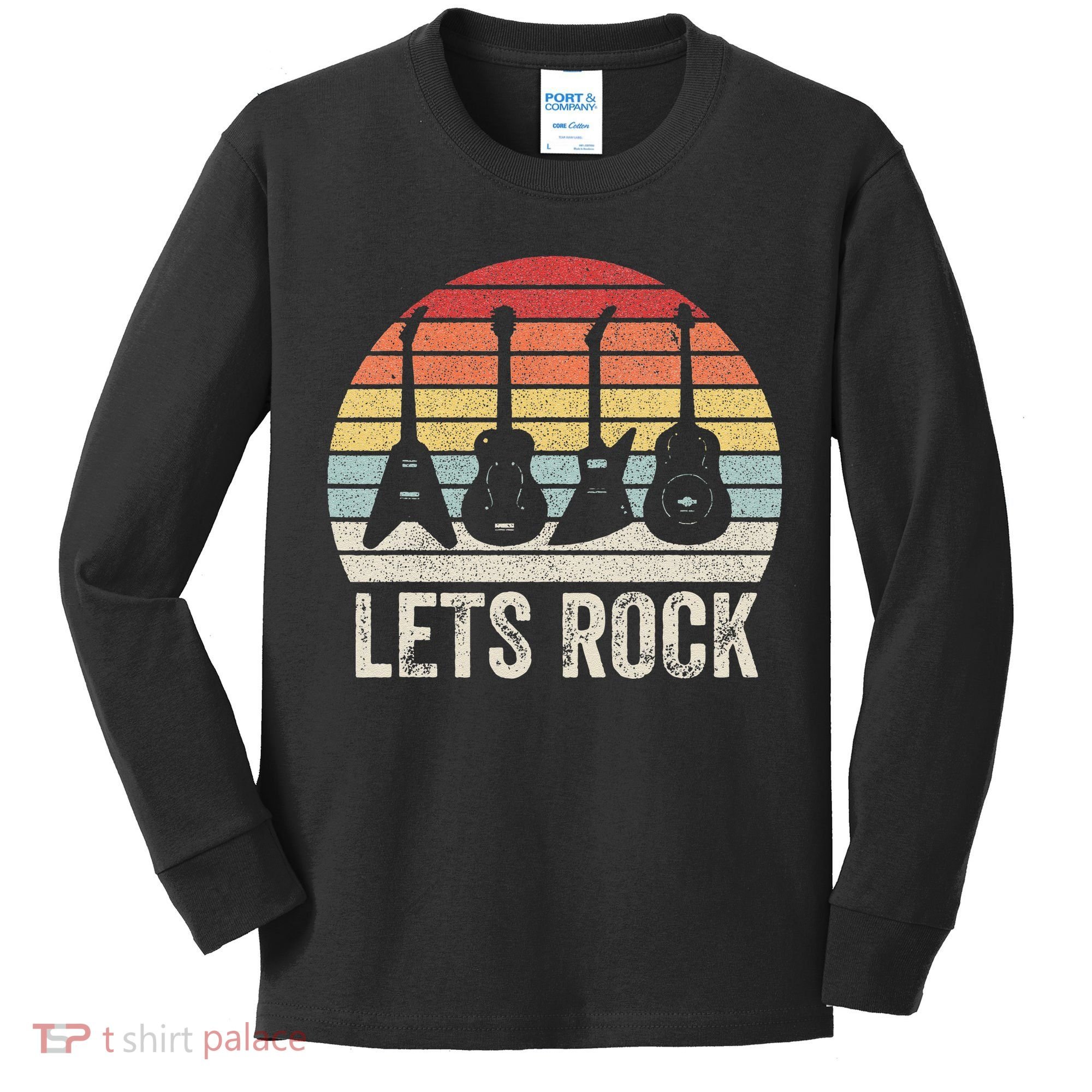 Funny Lets Rock Rock n Roll Guitar Retro Kids Long Sleeve Shirt