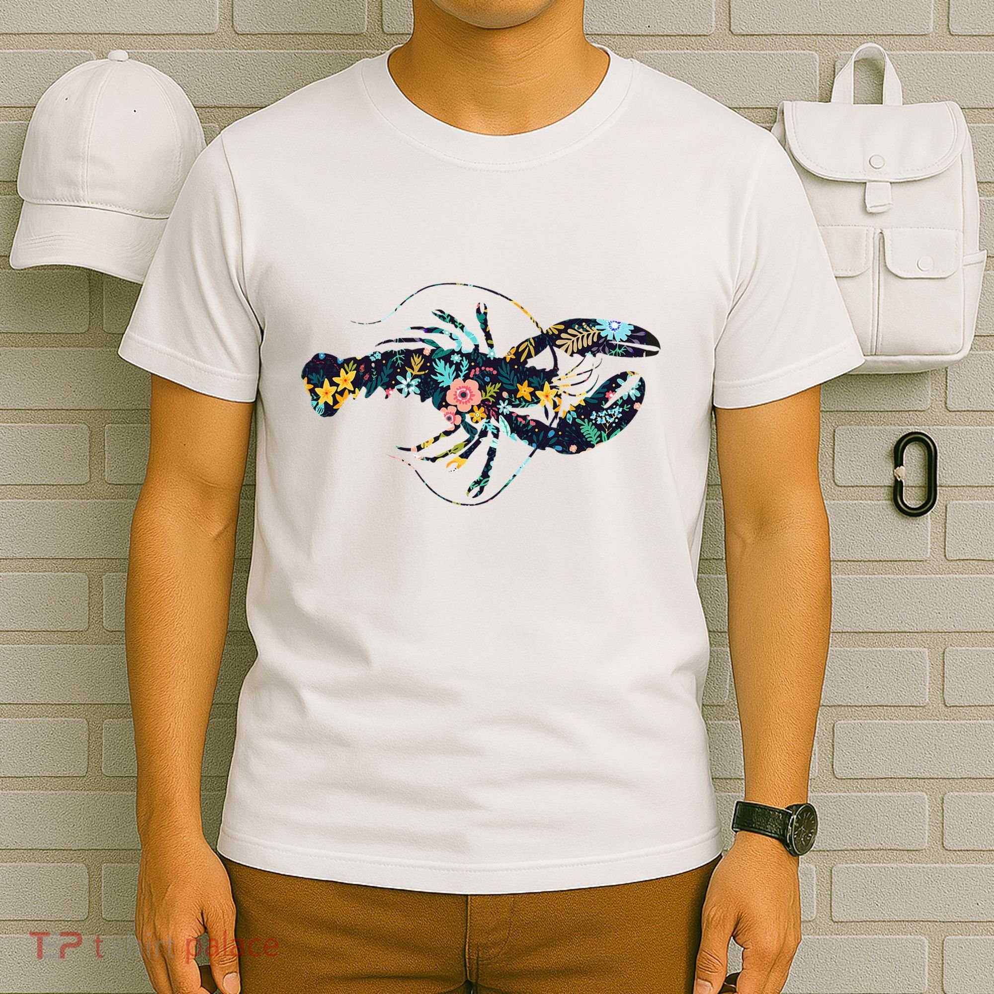 Floral Lobster Silhouette Graphic T-Shirt