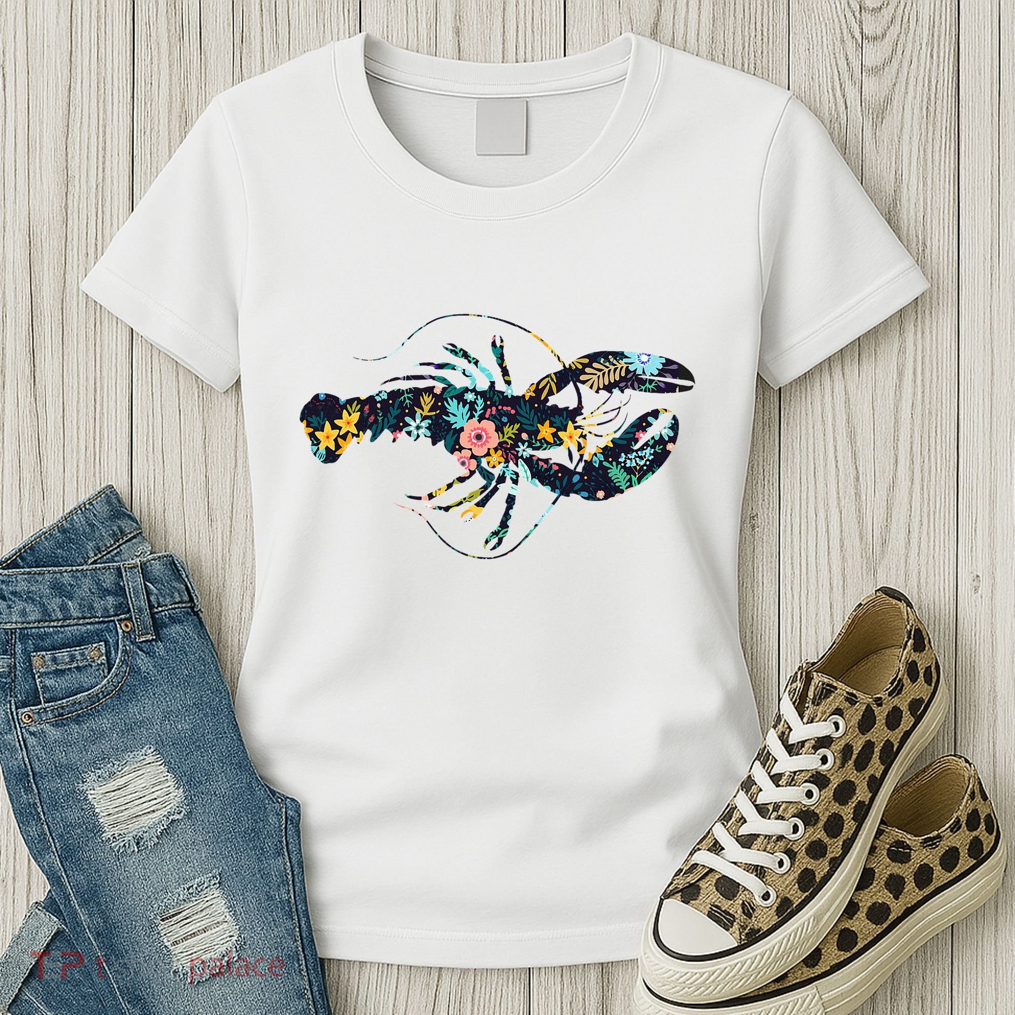 Floral Lobster Silhouette Graphic Women's T-Shirt