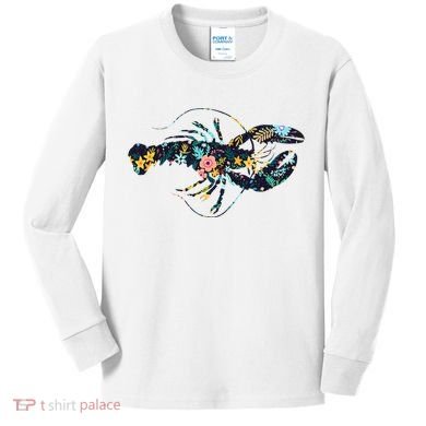 Floral Lobster Silhouette Graphic Kids Long Sleeve Shirt