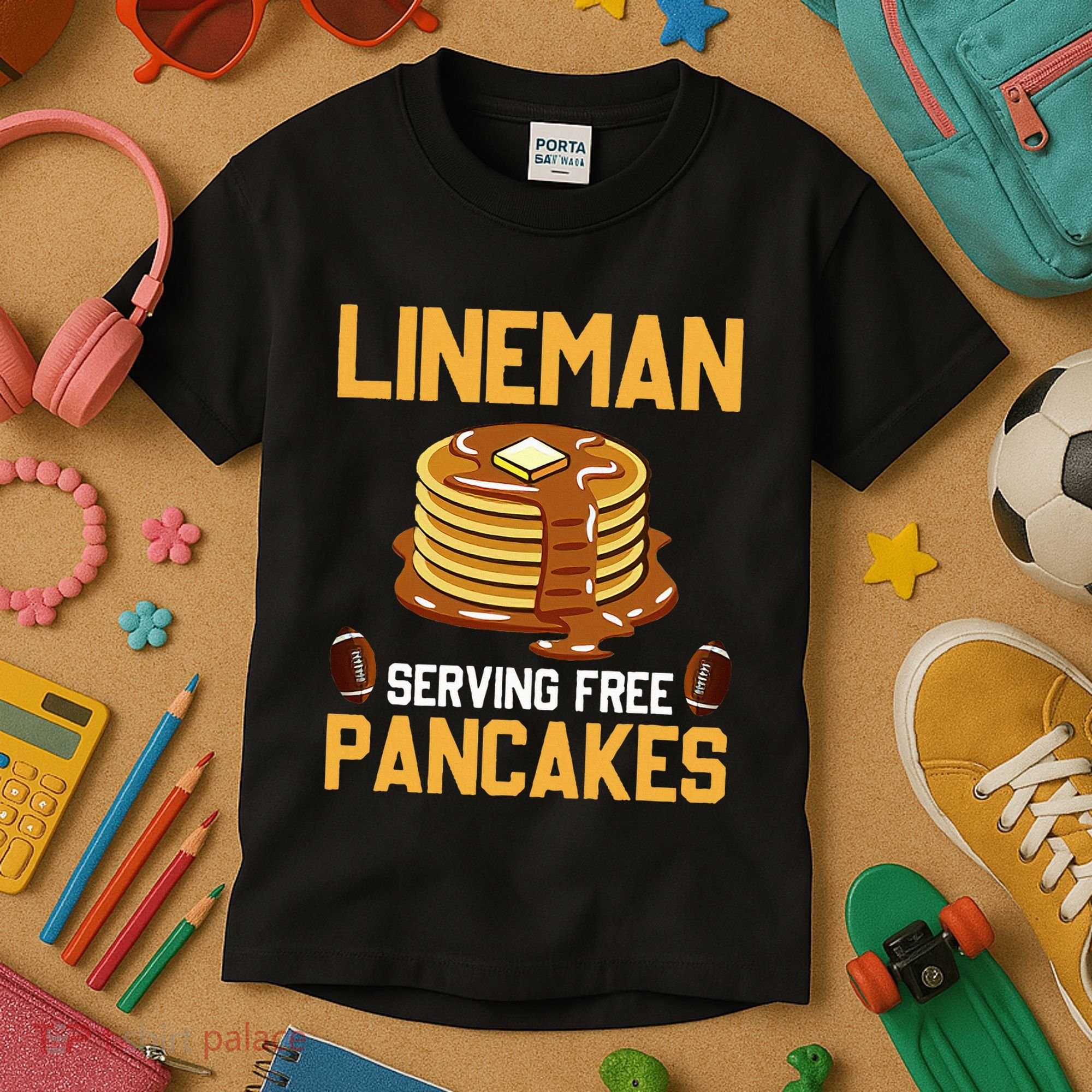 Football Lineman Serving Pancakes Daily Offensive Lineman Kids T-Shirt