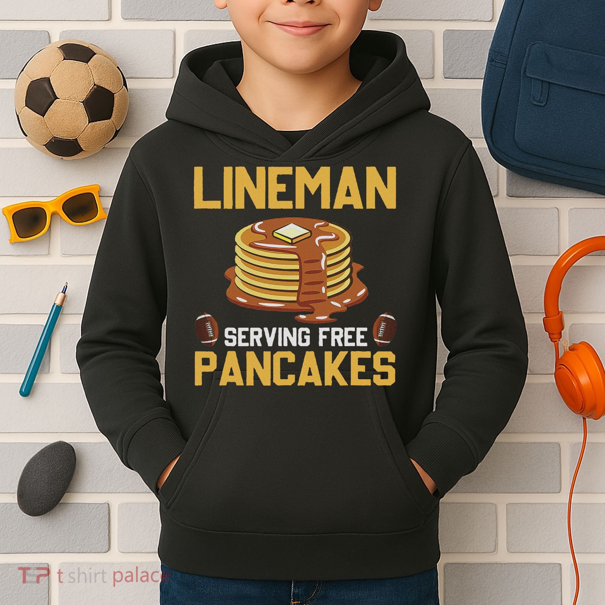 Football Lineman Serving Pancakes Daily Offensive Lineman Kids Hoodie