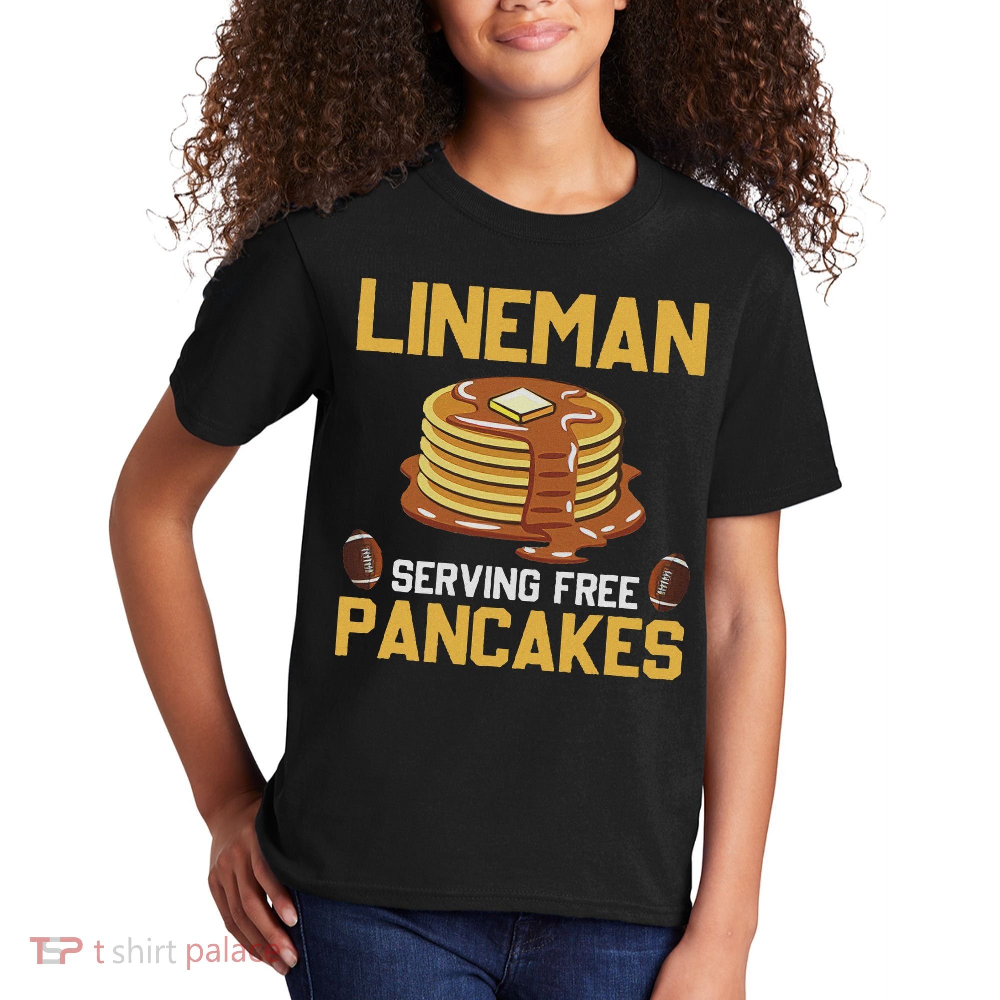 Football Lineman Serving Pancakes Daily Offensive Lineman Kids T-Shirt