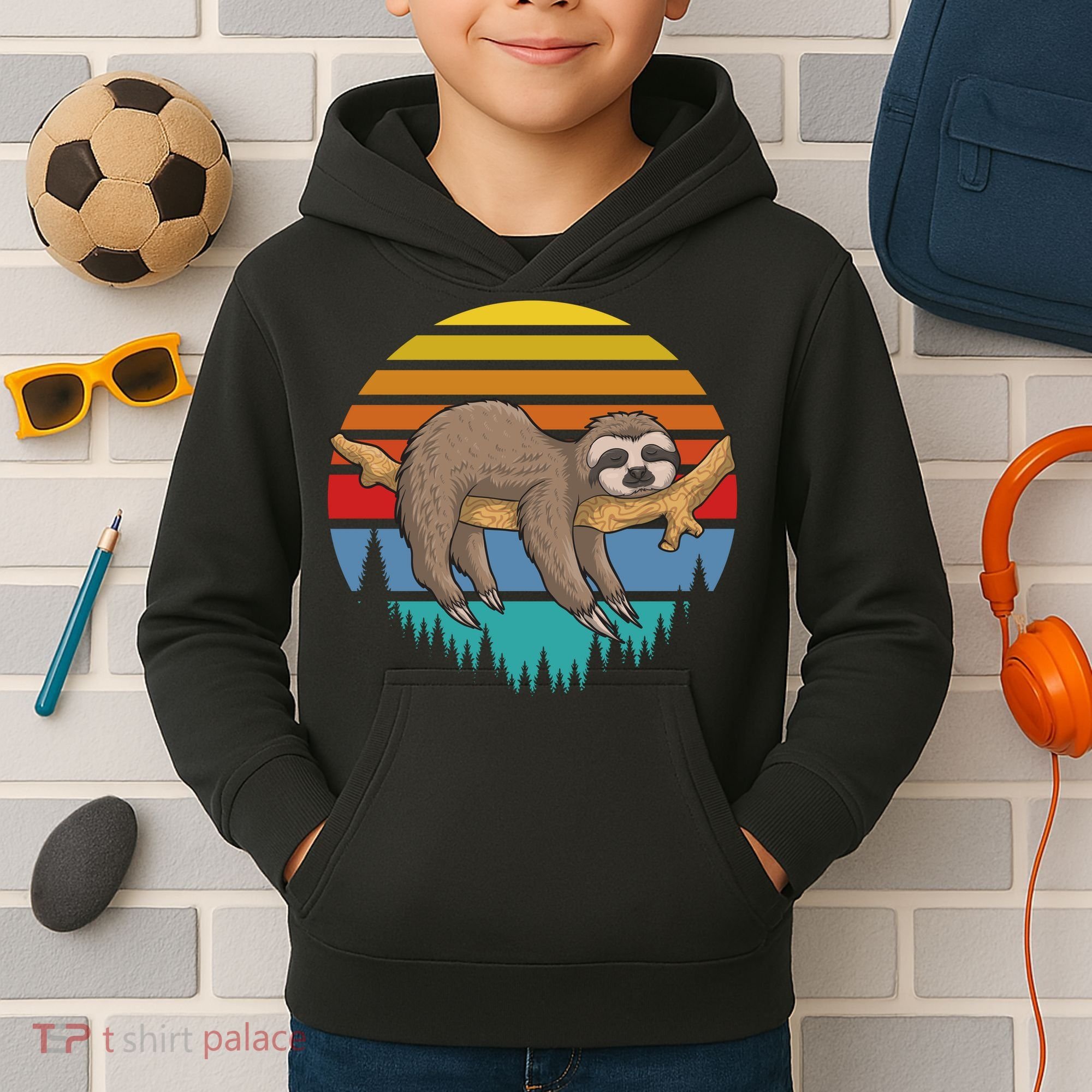 Funny Lazy Sloth Retro Sunset 1 Kids Hoodie