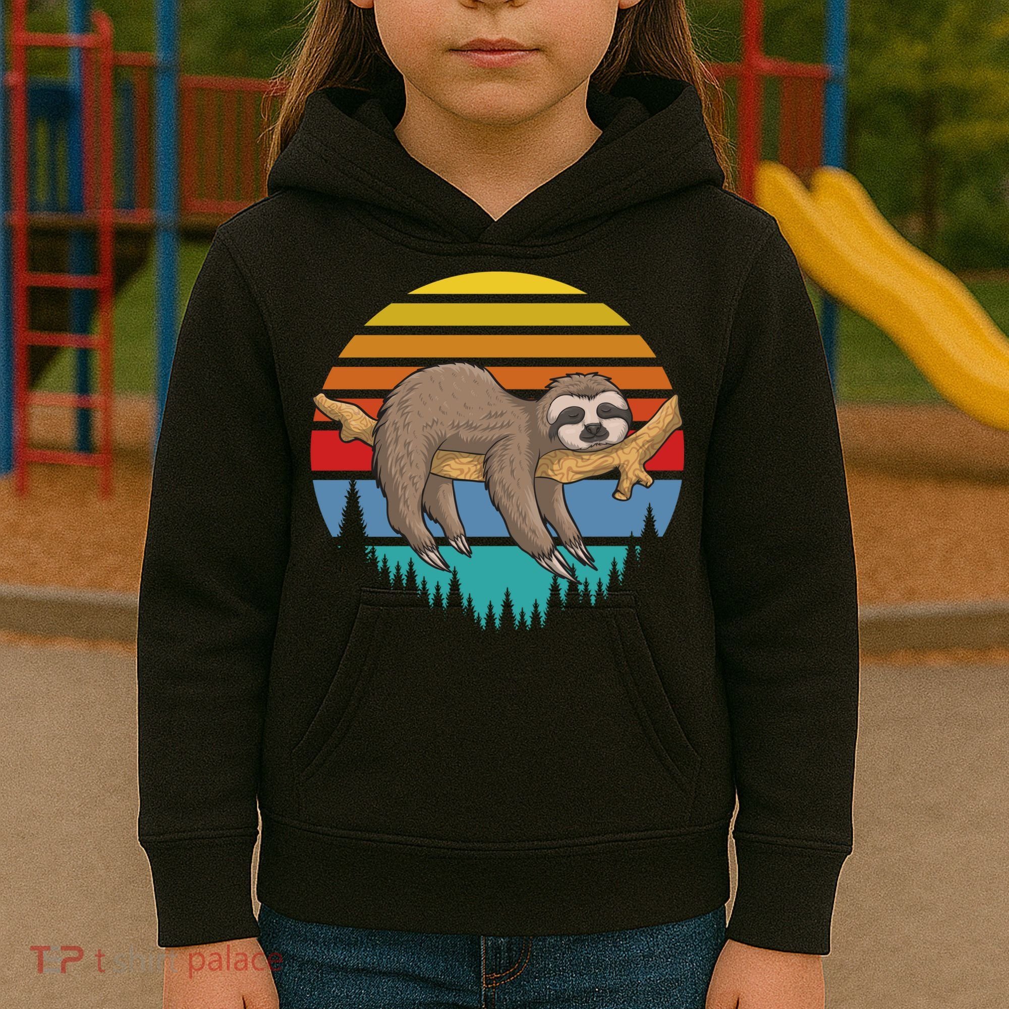 Funny Lazy Sloth Retro Sunset 1 Kids Hoodie
