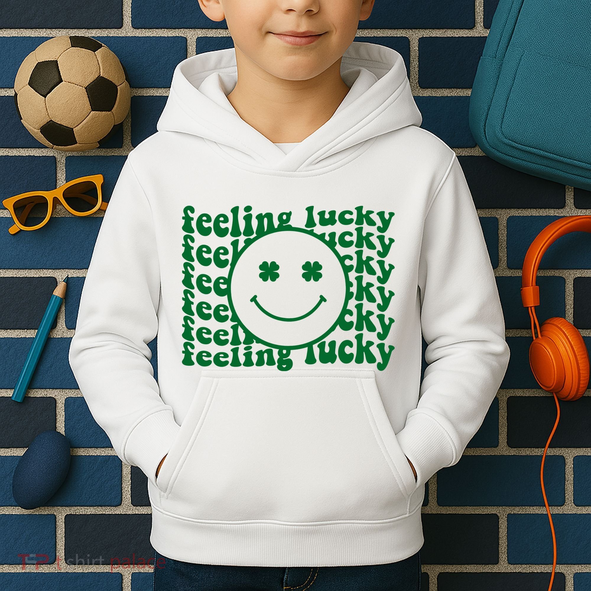 Feeling Lucky St Patricks Day Smile Face Emoji Kids Hoodie