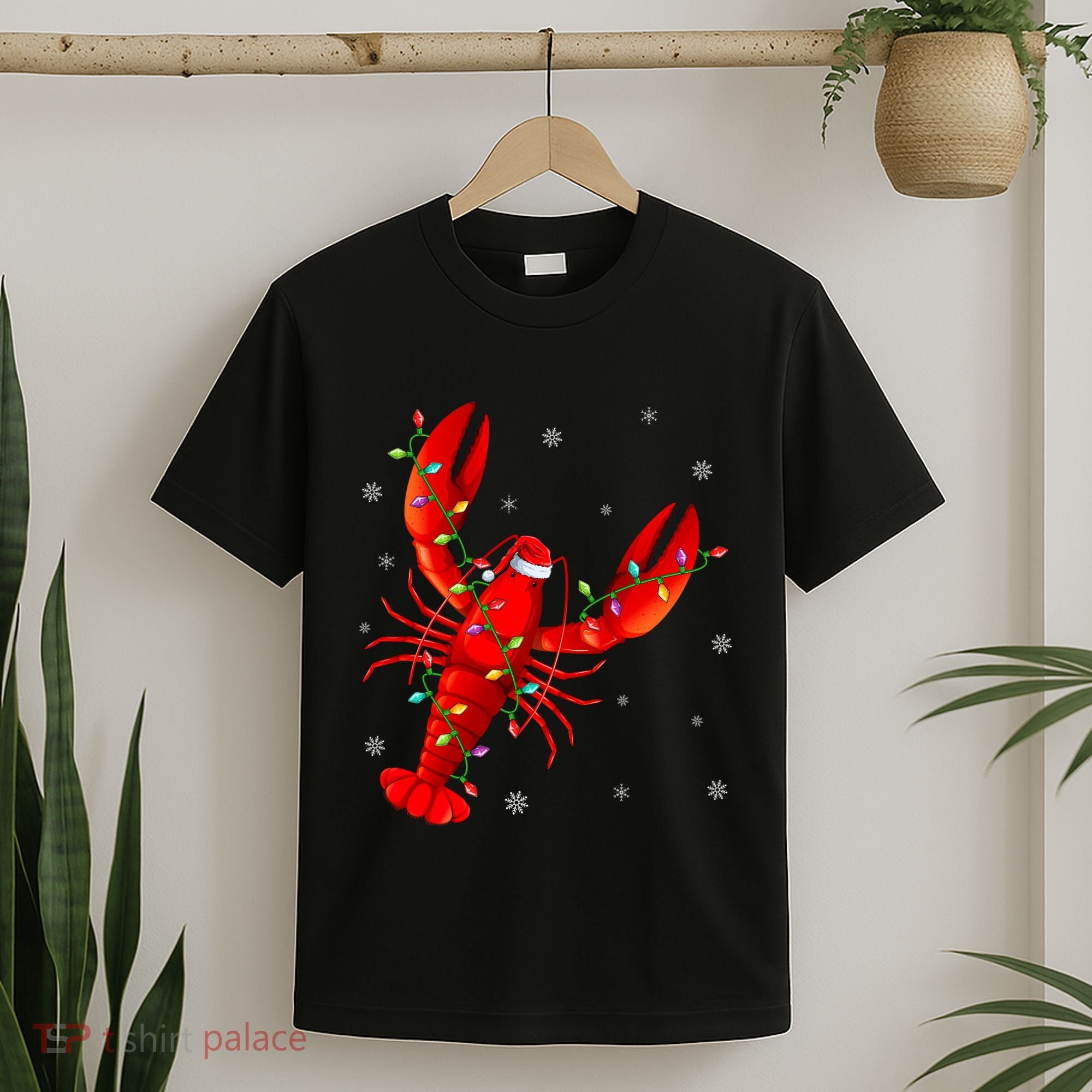 Funny Lobster Xmas Lighting Reindeer Hat Lobster Christmas T-Shirt