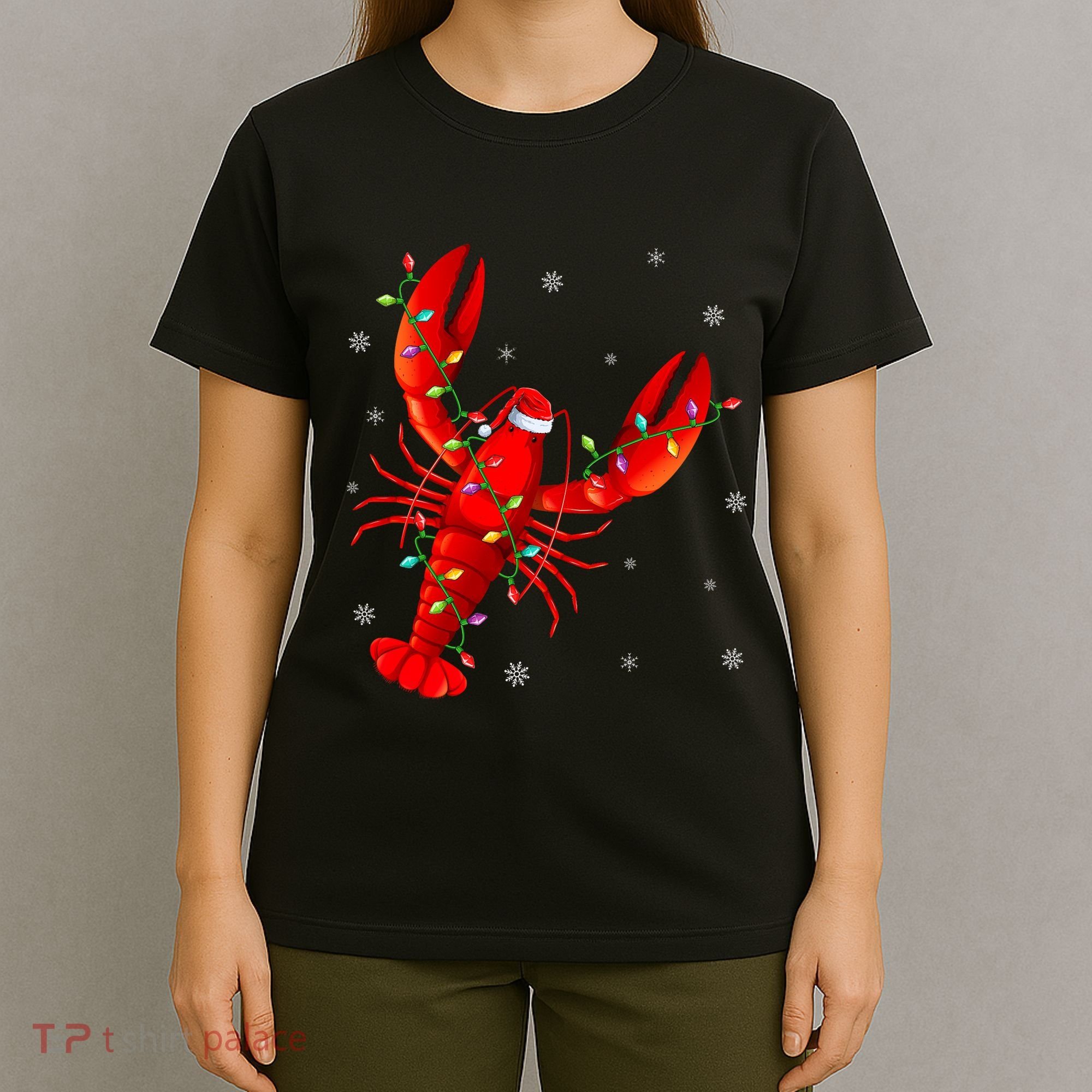 Funny Lobster Xmas Lighting Reindeer Hat Lobster Christmas T-Shirt