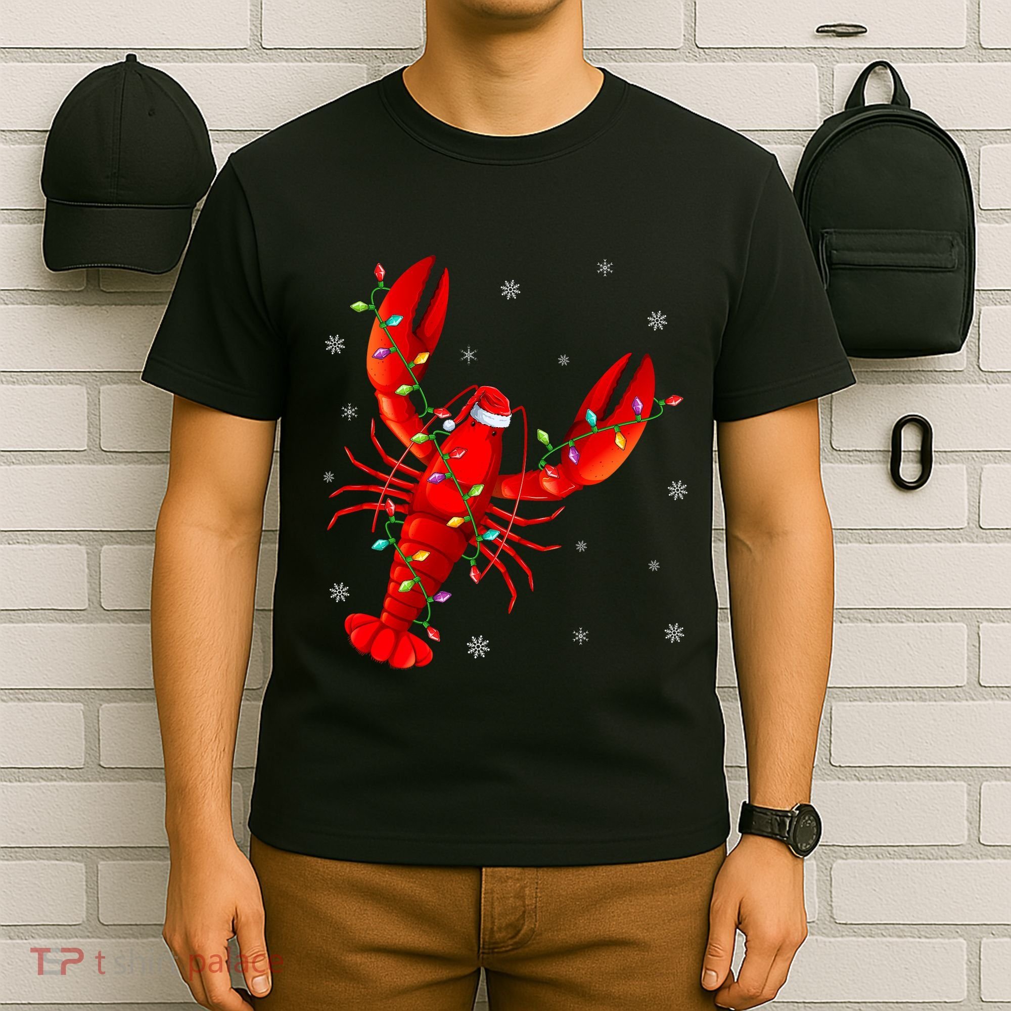 Funny Lobster Xmas Lighting Reindeer Hat Lobster Christmas T-Shirt