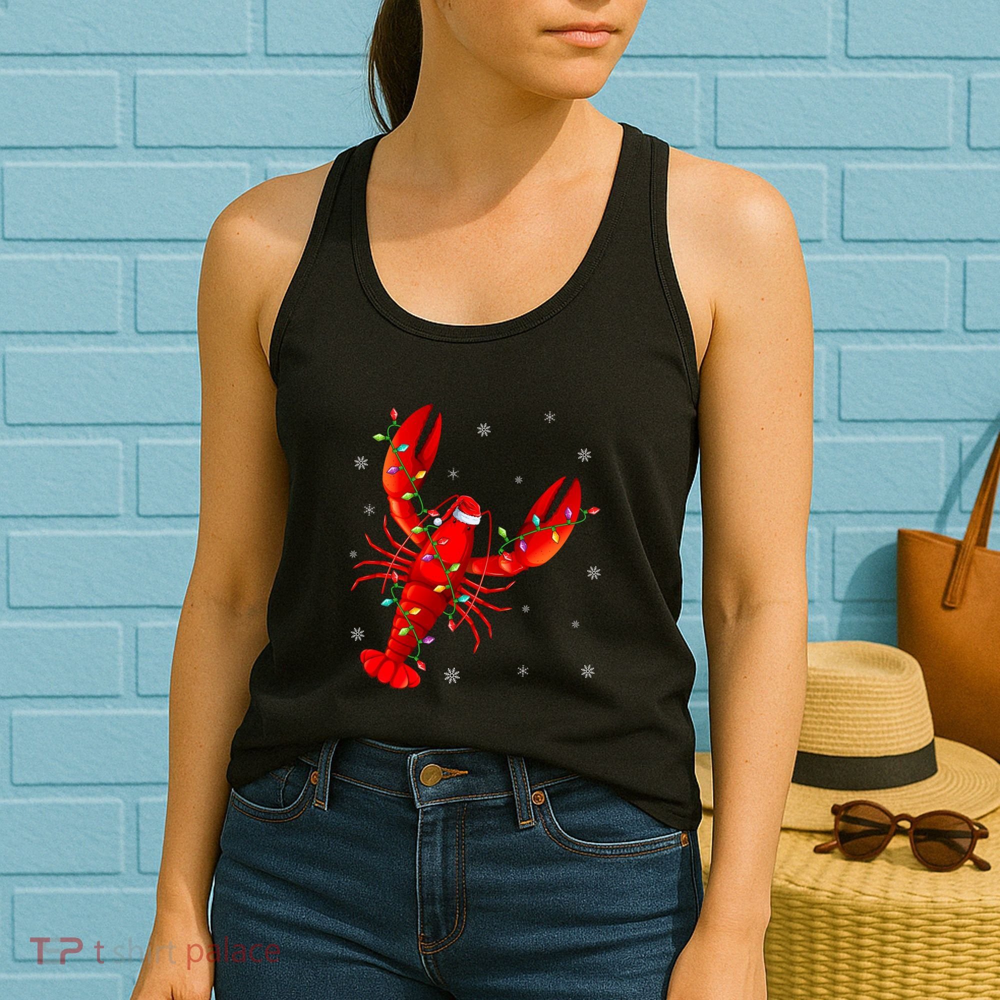 Funny Lobster Xmas Lighting Reindeer Hat Lobster Christmas Women's Tank Top