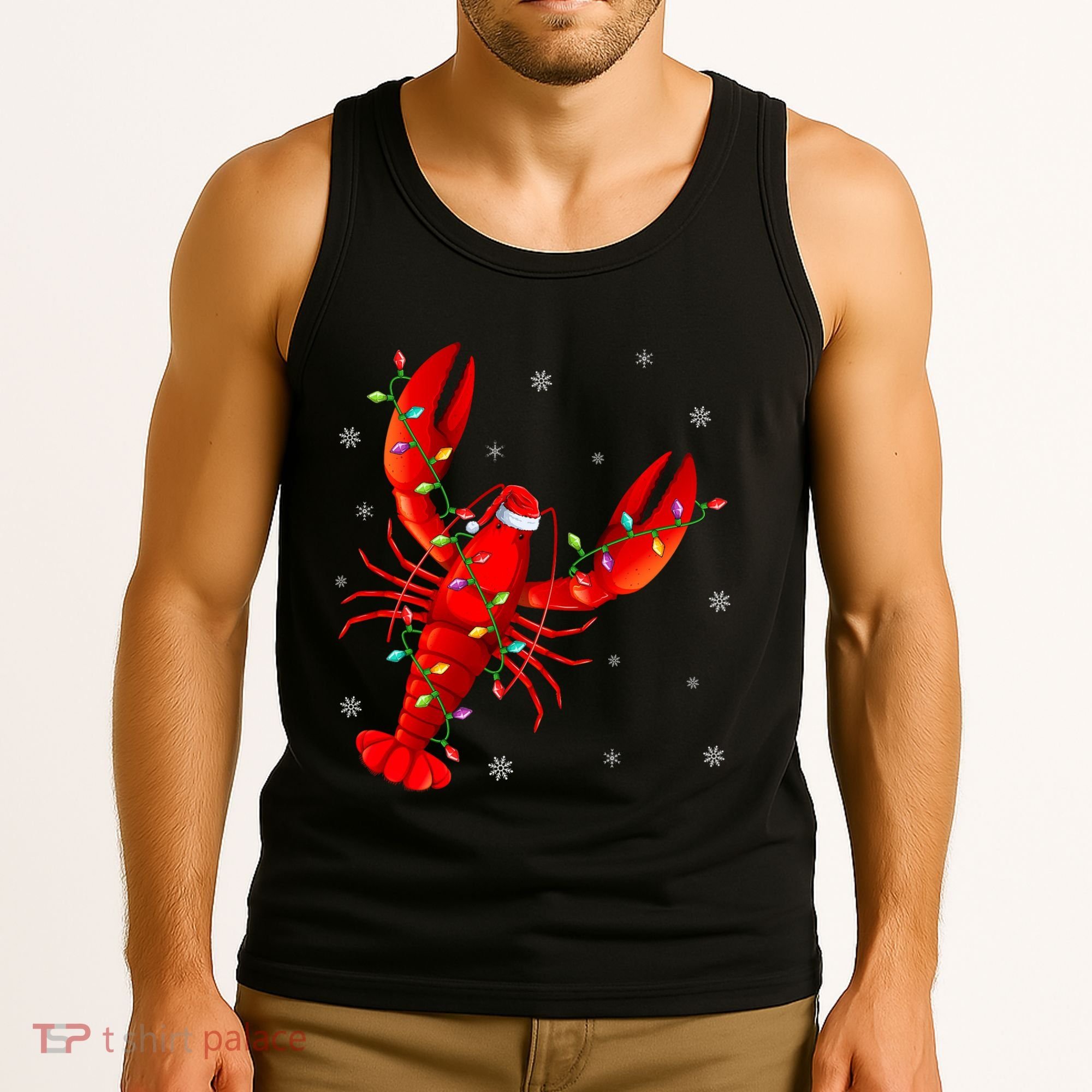 Funny Lobster Xmas Lighting Reindeer Hat Lobster Christmas Tank Top