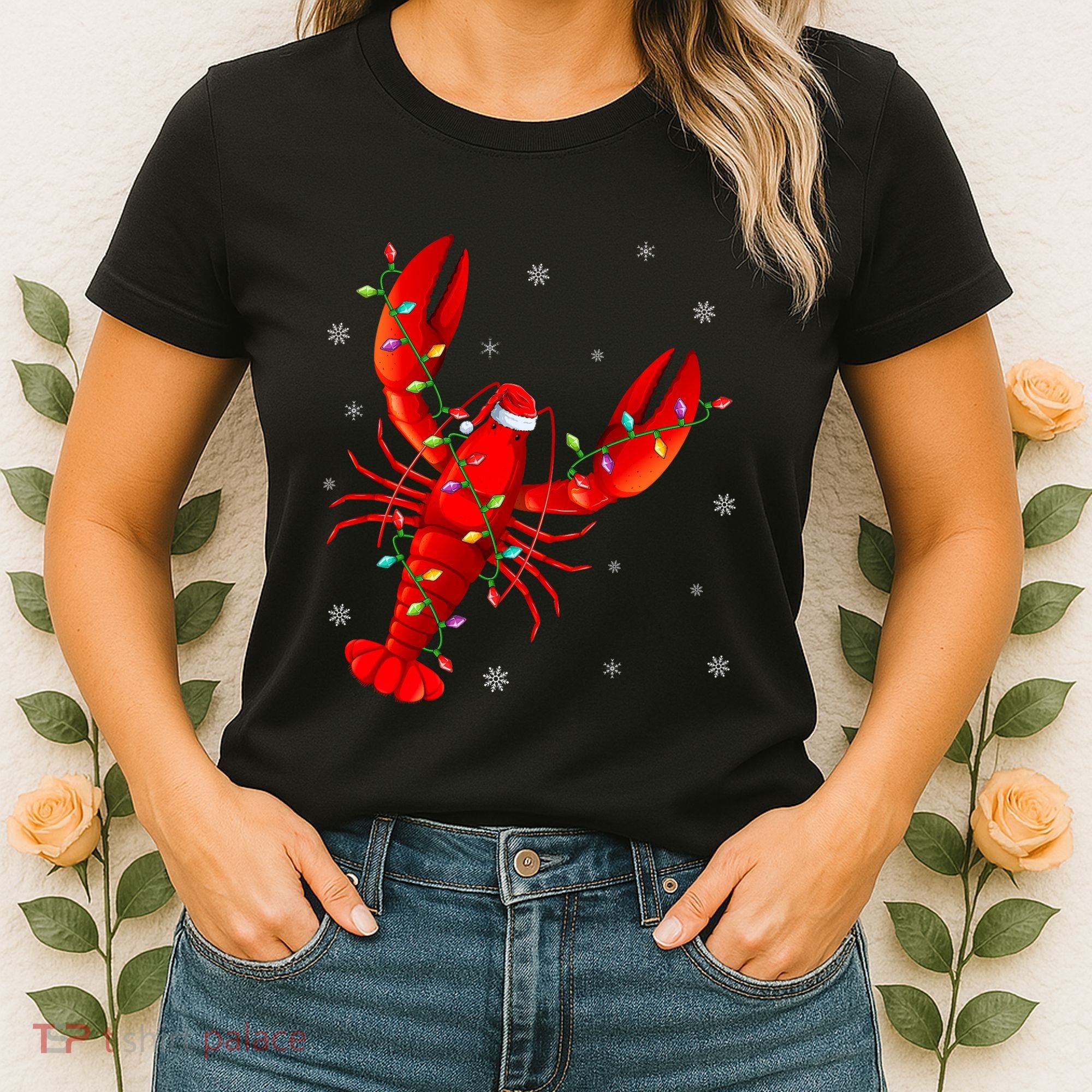 Funny Lobster Xmas Lighting Reindeer Hat Lobster Christmas Women's T-Shirt