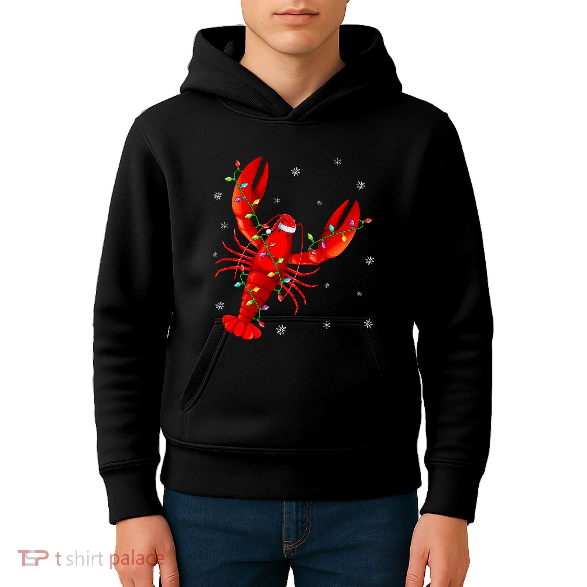 Funny Lobster Xmas Lighting Reindeer Hat Lobster Christmas Kids Hoodie