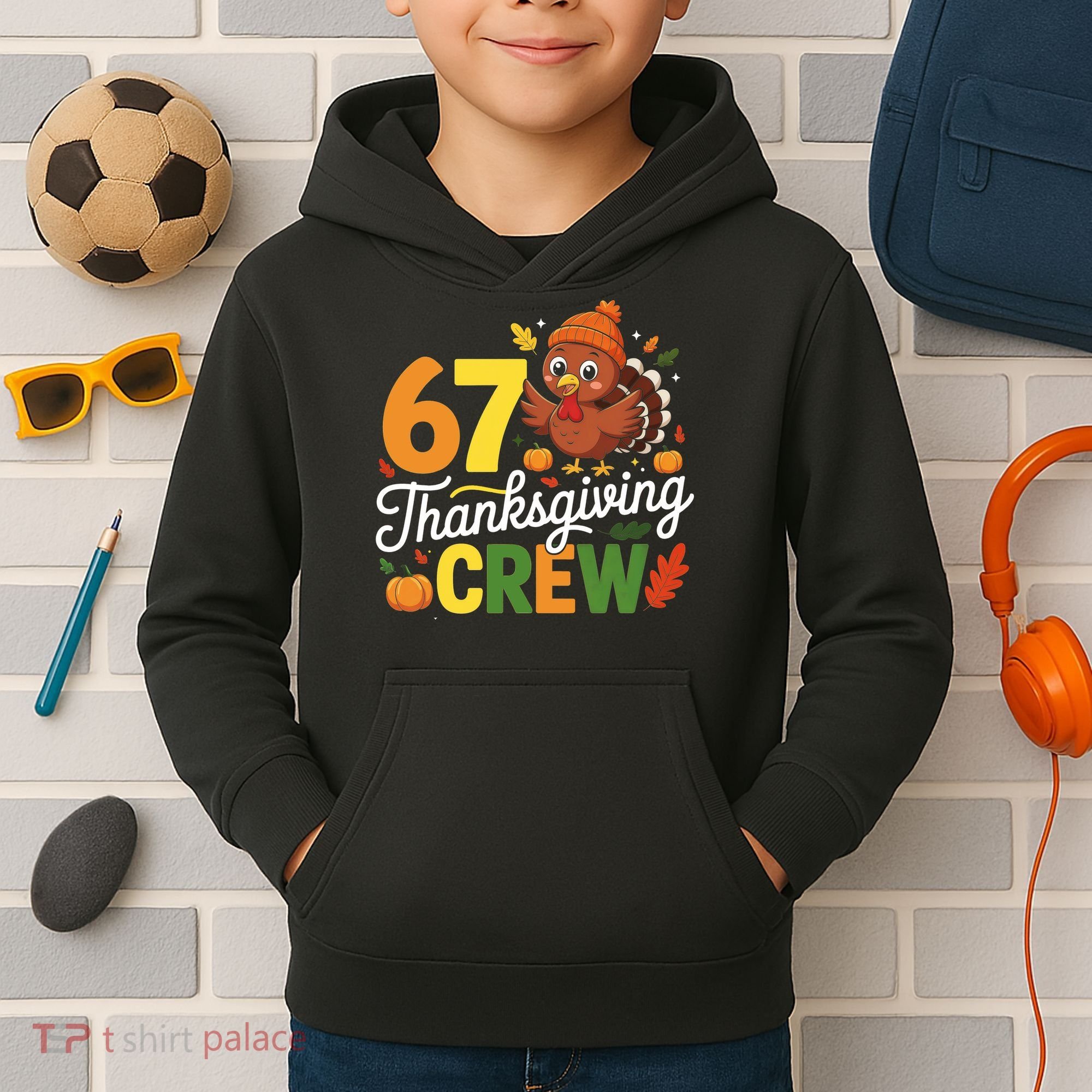 Family Matching 67 Thanksgiving Crew Cute Turkey Kids Hoodie
