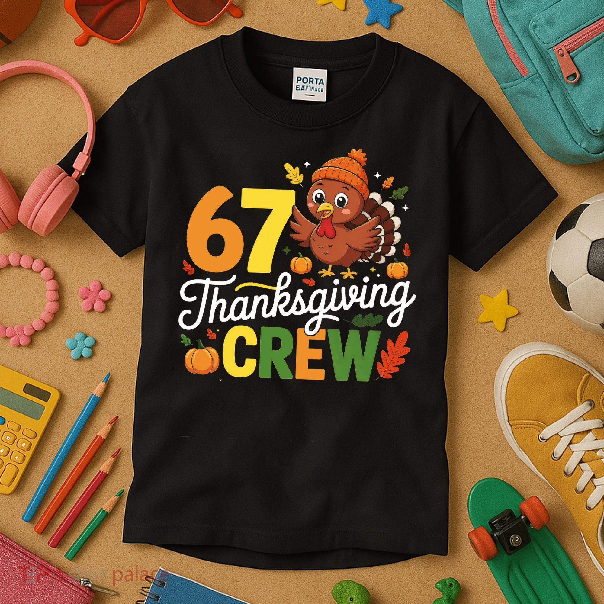 Family Matching 67 Thanksgiving Crew Cute Turkey Kids T-Shirt