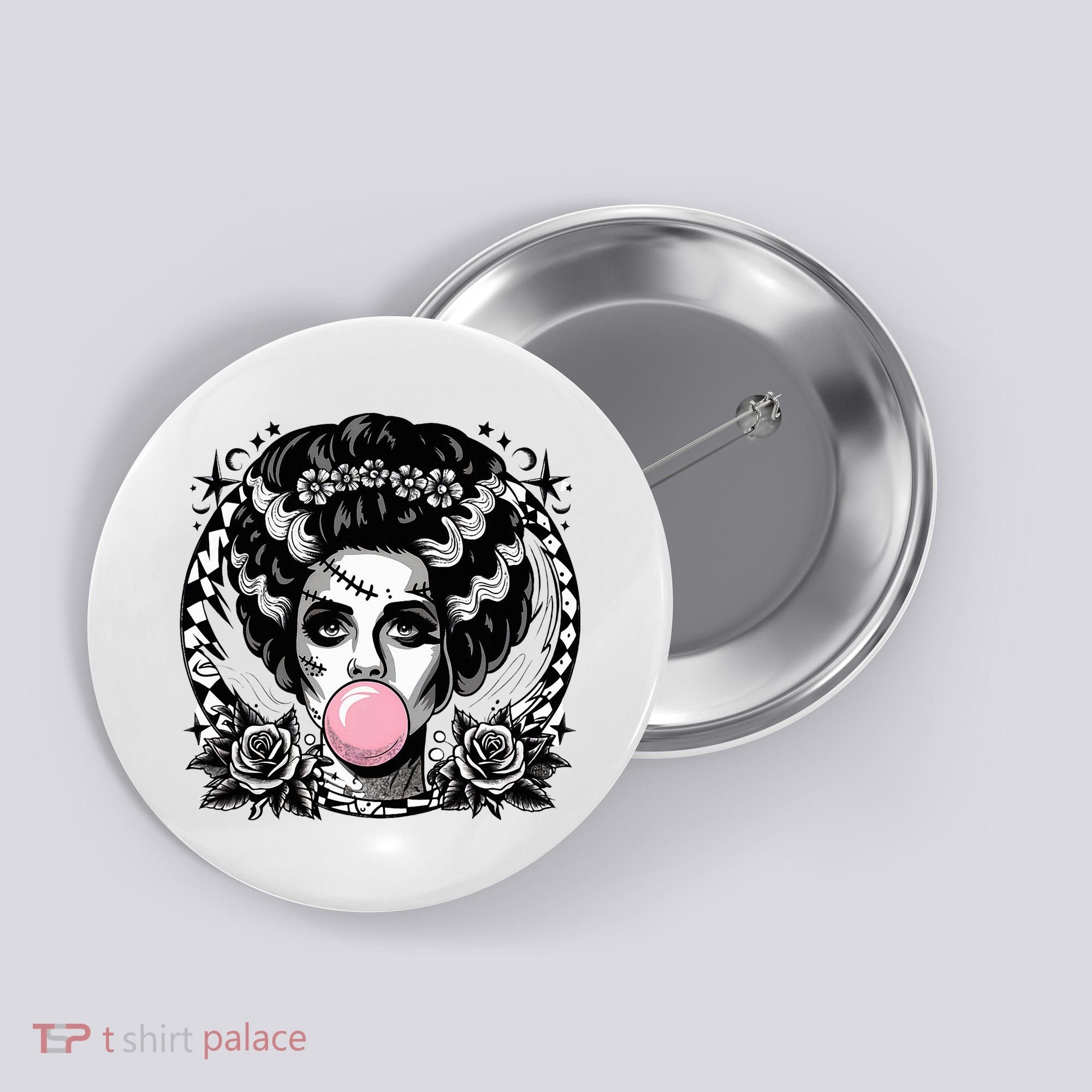 Frankenstein Monster And Bride B.U.B.B.L.E G.U.M Funny Halloween Button